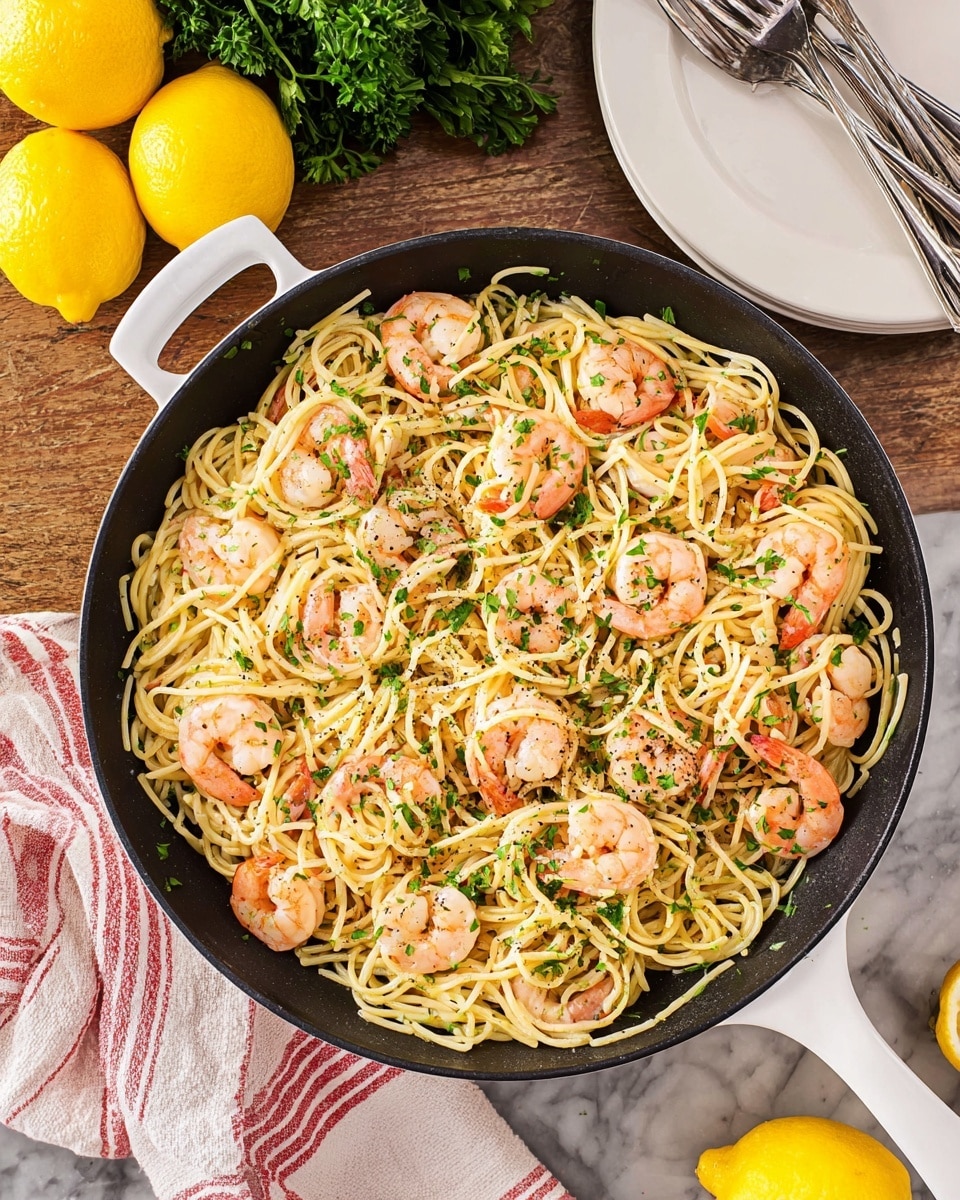 A black skillet with a white handle is filled with a large serving of spaghetti pasta mixed with pink cooked shrimp scattered evenly throughout. The dish is sprinkled with finely chopped green parsley and cracked black pepper, adding texture and color contrast to the pale yellow pasta and light pink shrimp. The skillet sits on a white marbled surface, with bright yellow lemons and green parsley placed nearby. To the top right, there is a white plate holding two silver forks, and a striped cloth napkin rests under the skillet’s handle. Photo taken with an iphone --ar 4:5 --v 7