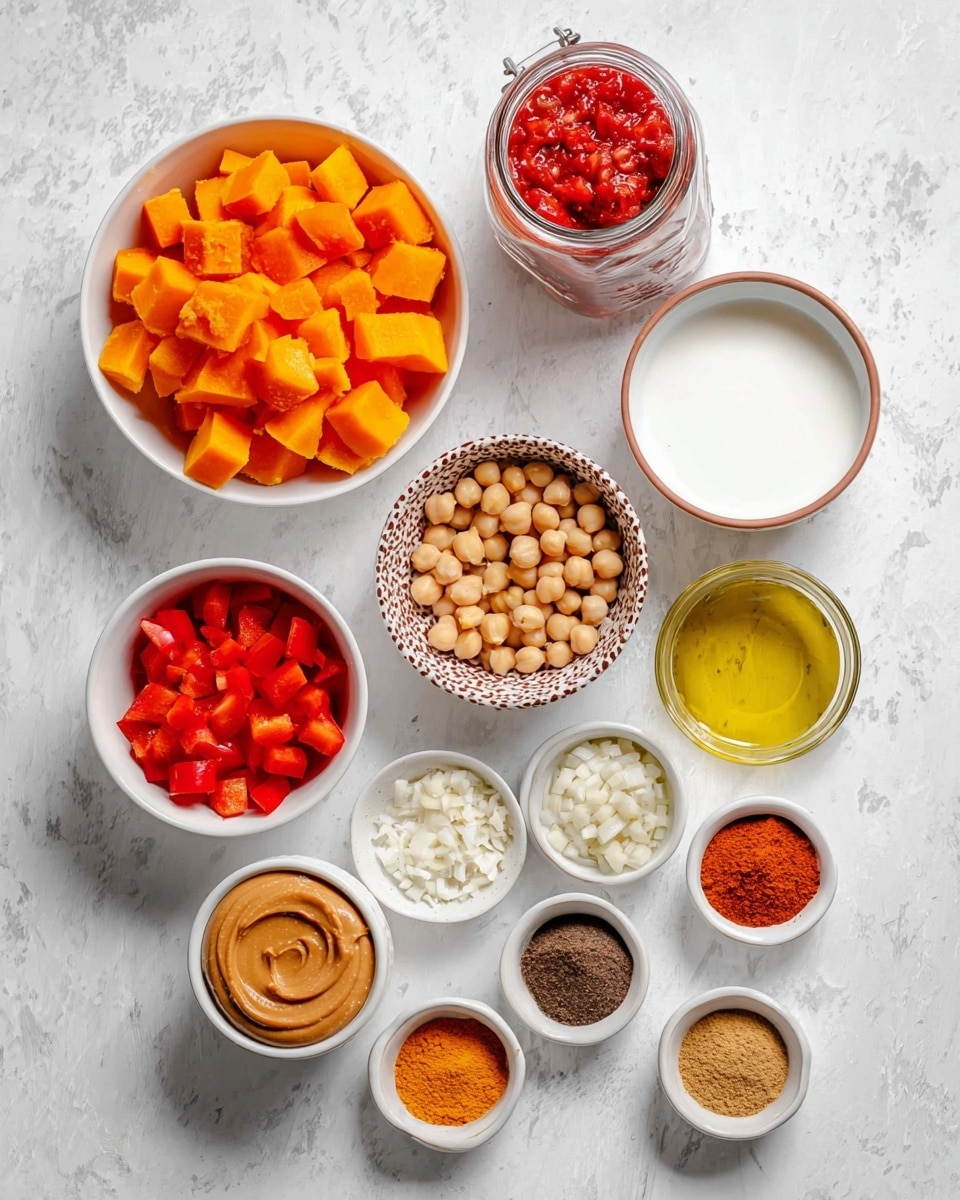 A flat lay of several white bowls and jars arranged on a white marbled textured surface, each holding different colorful ingredients. At the top left, a white bowl filled with bright orange chunks of pumpkin. To the right, a clear jar with red crushed tomatoes. Below the pumpkin, a white bowl with a brown rim holds light brown chickpeas. Next to it, a small clear glass container with yellow oil. To the right, a white bowl contains thick white coconut milk, and below it, a white bowl with orange peanut butter. Below the chickpeas, a white bowl with chopped red bell peppers. Next to it, a small white bowl with finely chopped garlic. Below the garlic, a small white bowl with a beige paste. To the right of the garlic, a white bowl holds four different ground spices in reddish-brown, orange, yellow, and dark brown colors. Below, another white bowl contains a darker brown spice powder. At the center of the image is a small glass container with an orange powder spice. Photo taken with an iphone --ar 4:5 --v 7