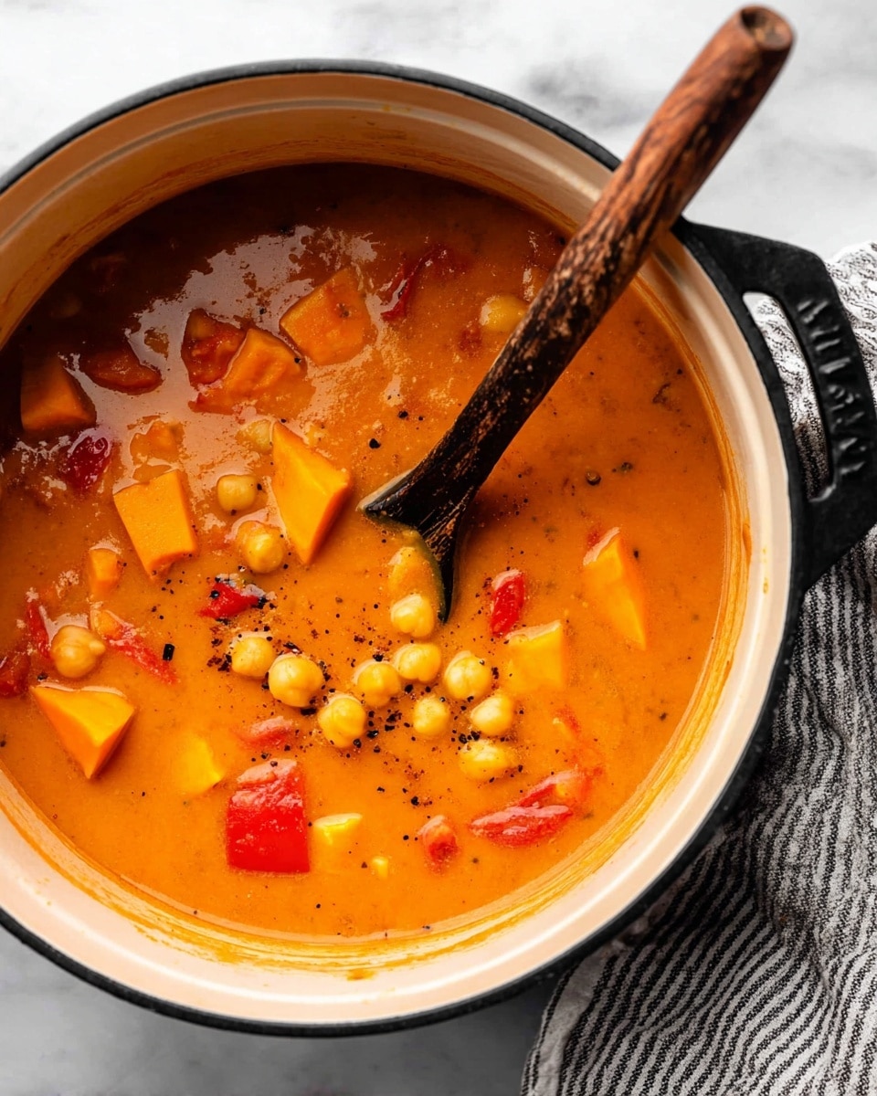 This image shows a thick orange soup inside a black pot with an inner cream-colored lining. The soup has visible chunks of yellow-orange sweet potato pieces, beige chickpeas, and small red tomato bits floating on the surface. A wooden spoon with a dark tip is partly submerged in the soup, resting inside the pot. The pot sits on a white marbled surface with a gray and white striped cloth nearby. photo taken with an iphone --ar 4:5 --v 7