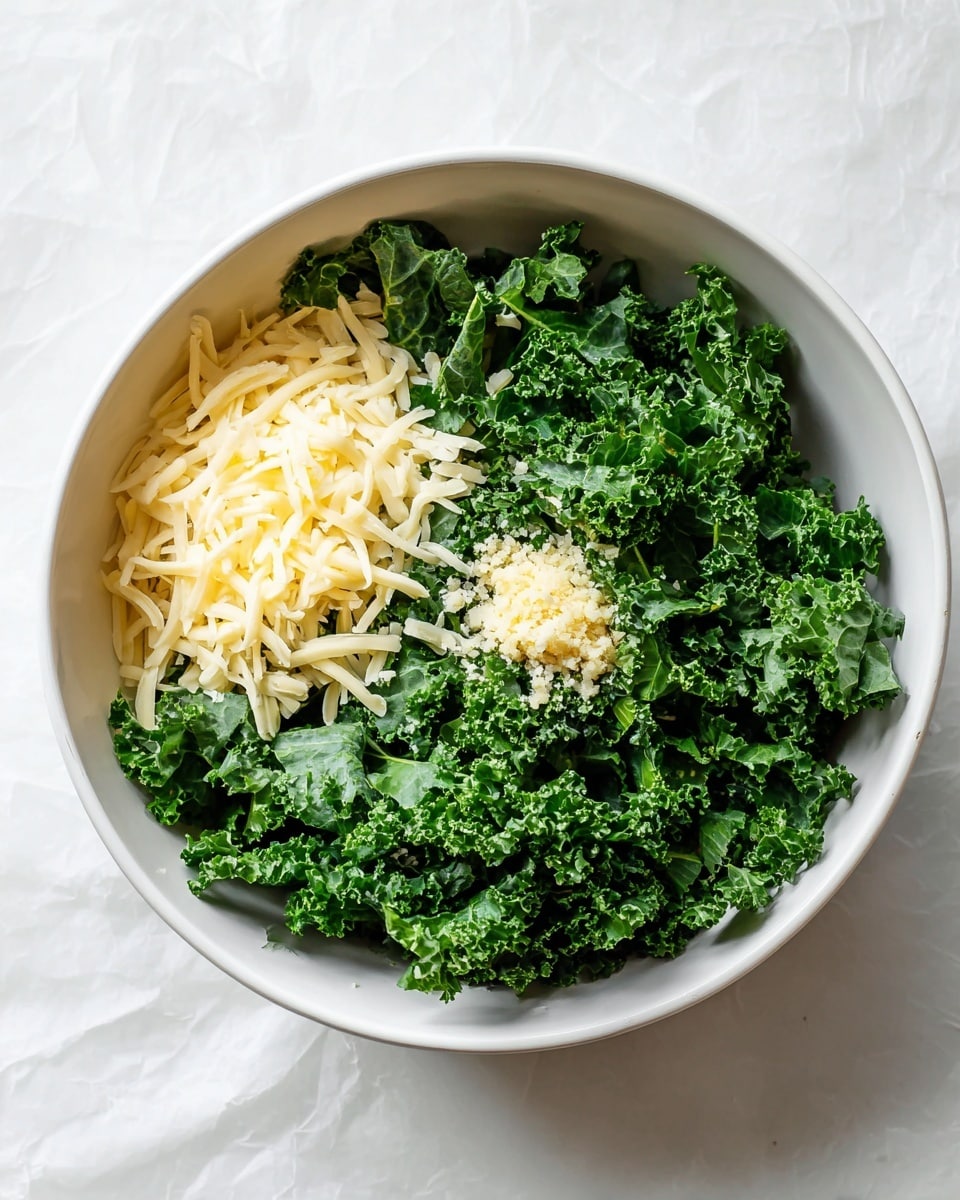 A white bowl filled with fresh bright green kale leaves forms the base layer, filling most of the bowl with their curly texture. On the left side of the kale, there is a neat pile of pale yellow shredded cheese, slightly soft and scattered. In the middle of the kale, there is a small mound of finely chopped light yellow garlic, with some granules of white salt lightly sprinkled around it. The bowl is set on a white marbled surface that has a smooth, clean look. photo taken with an iphone --ar 4:5 --v 7