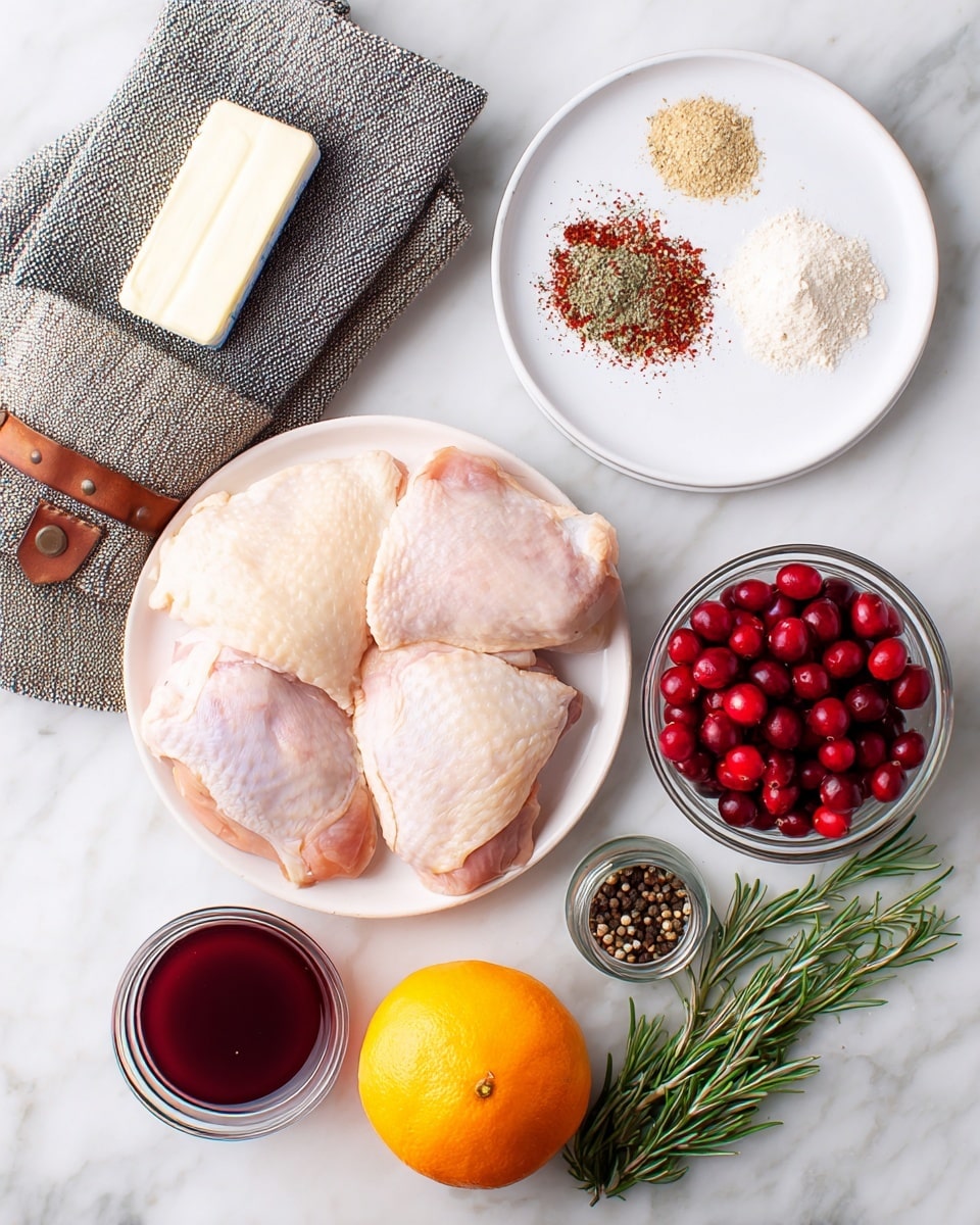 In the image, a white plate holds four pieces of raw chicken thighs with pale pink skin arranged close together in the center. To the upper right of the plate is another white plate with small piles of light brown and white powders, a bright red spice, and fresh green rosemary sprigs on the right edge. Below that plate is a small clear jar filled with mixed whole peppercorns in black, white, green, and red. To the lower right, there is a whole orange with bright smooth skin. Below the chicken plate, there is a white bowl filled with fresh red and dark red cranberries. Next to the cranberries, a small clear container holds a deep red liquid. At the top left corner is a stick of salted butter with a white wrapper laying near a gray oven mitt with brown leather straps. All items rest on a white marbled surface. photo taken with an iphone --ar 4:5 --v 7