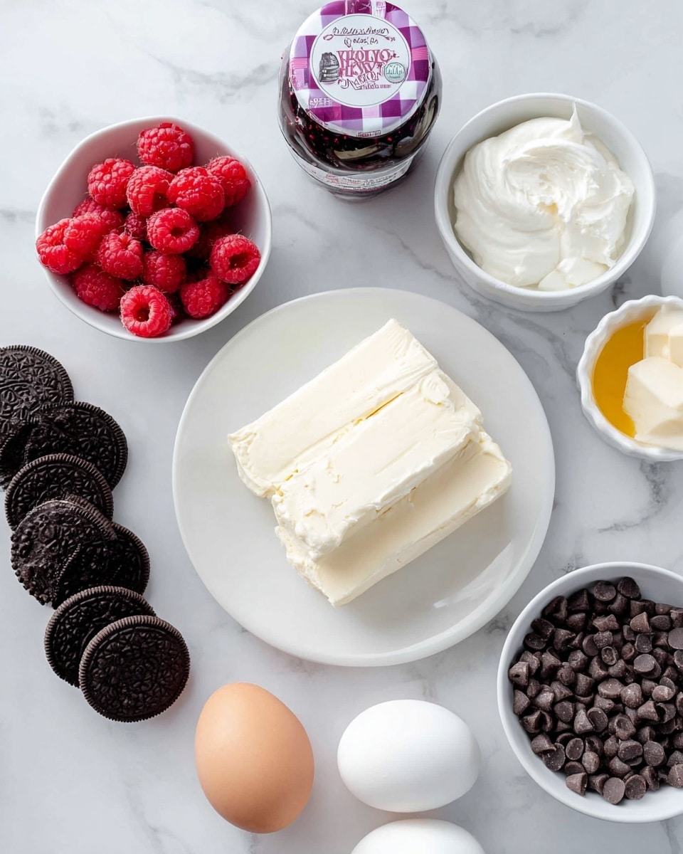 The image shows a collection of baking ingredients arranged on a white marbled surface. In the center is a white plate with two thick blocks of cream cheese, smooth and creamy in texture. Surrounding it are small white bowls holding bright red fresh raspberries, a dollop of thick white cream, some smooth cream, and slightly cracked eggshells next to two raw eggs in a bowl. There is a jar of blackberry jam with a purple checkered lid, several whole black sandwich cookies scattered around, and a small bowl filled with round chocolate chips. The colors are mainly white, red, black, and cream, with a neat and clean presentation. Photo taken with an iphone --ar 4:5 --v 7