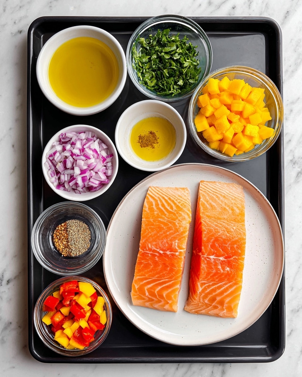 The image shows a black tray on a white marbled surface holding a white plate with two bright orange raw salmon fillets, placed on the right. Around the plate, there are seven small white and clear bowls arranged neatly. The bowls contain, from top left clockwise: golden yellow oil, a larger bowl with similar yellow oil below it, finely chopped light green herbs in a clear glass, diced purple-red onions in a clear glass, a small bowl of mixed brown spices, a white bowl with bright yellow mango cubes, and a bowl with small pieces of red and orange bell peppers. The colors are bright and fresh, creating a clean and organized look photo taken with an iphone --ar 4:5 --v 7