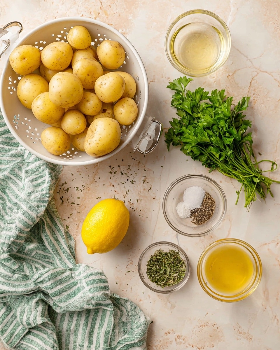 The image shows a light beige surface with a white marbled texture as background. On the left, there is a white colander filled with small yellow potatoes, with some potatoes scattered around it. A green and white striped cloth is placed on the lower left corner with a whole bright yellow lemon on top. In the middle, there is a small bunch of fresh green parsley, and next to it a tiny clear bowl with black pepper, salt, and garlic powder. On the right side, there are two clear measuring cups, one with a pale yellow liquid and the other with a golden yellow liquid. Below these, there is a small clear bowl filled with dried green herbs. photo taken with an iphone --ar 4:5 --v 7