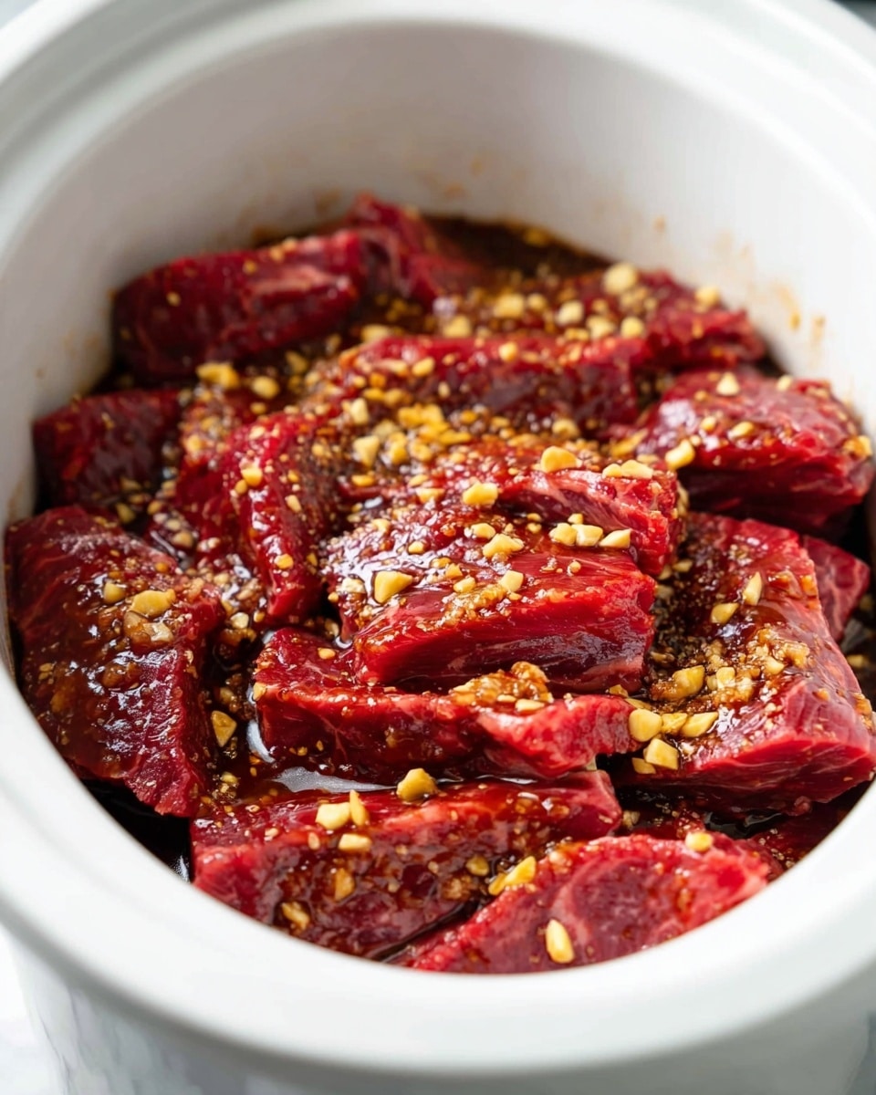 A white slow cooker bowl filled with several layers of raw red meat slices coated with a shiny dark sauce, mixed with visible small chunks of yellow crushed garlic and some brownish seasonings scattered over the top and embedded in the meat layers. The meat layers are uneven in size and stacked closely together, showing different textures of the meat. The background surface is a white marbled texture. Photo taken with an iphone --ar 4:5 --v 7