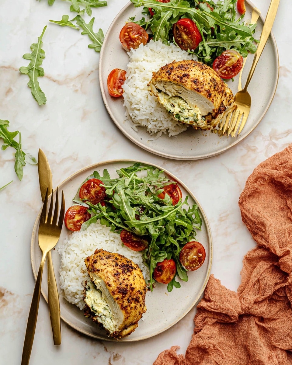 Two golden brown seasoned chicken breasts are cooked inside a black air fryer basket. Each chicken breast is sliced open and stuffed with a creamy, pale filling that has green herbs and small pieces of reddish ingredients, visible where it slightly overflows from the chicken. The chicken has a textured, spiced crust with darker brown specks. The air fryer basket has a slotted black grate base and is set on a white marbled surface. photo taken with an iphone --ar 4:5 --v 7