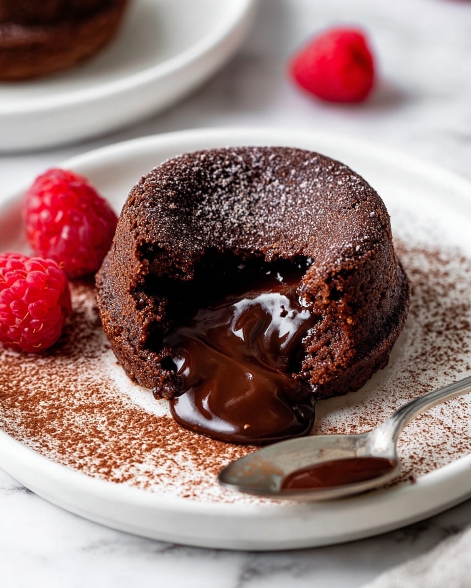 A small round chocolate cake with a rough textured dark brown outer layer, broken open to show a smooth, shiny, flowing dark chocolate filling inside on a white plate. The plate has light cocoa powder dusted around the cake edges. Next to the cake are a few fresh red raspberries adding bright color contrast. A silver spoon with some melted chocolate on it rests beside the cake on the plate. The background is a white marbled surface. Photo taken with an iphone --ar 4:5 --v 7