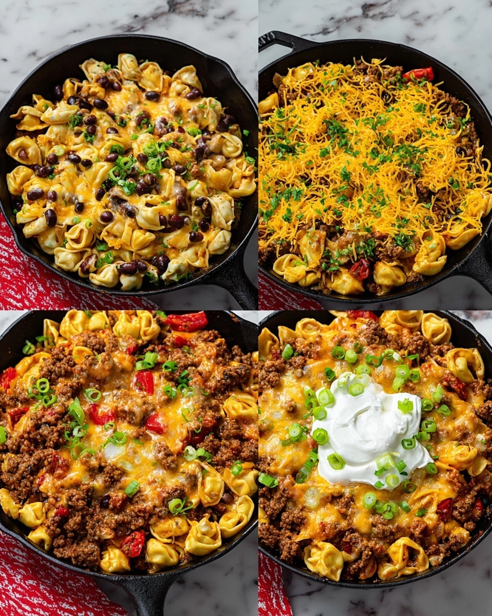 A black pan with a red handle sits on a white marbled surface, filled with a layered dish starting with a base of cooked pasta shells mixed with brown cooked ground meat and black beans. On top, a layer of melted yellow and white cheese covers the dish unevenly, with chopped green onions sprinkled generously over the cheese. A large dollop of white sour cream sits at the center, also topped with green onion slices. The pan sits next to two halves of a fresh green avocado, one with the pit and one without, all set on a wooden board. Photo taken with an iphone --ar 4:5 --v 7