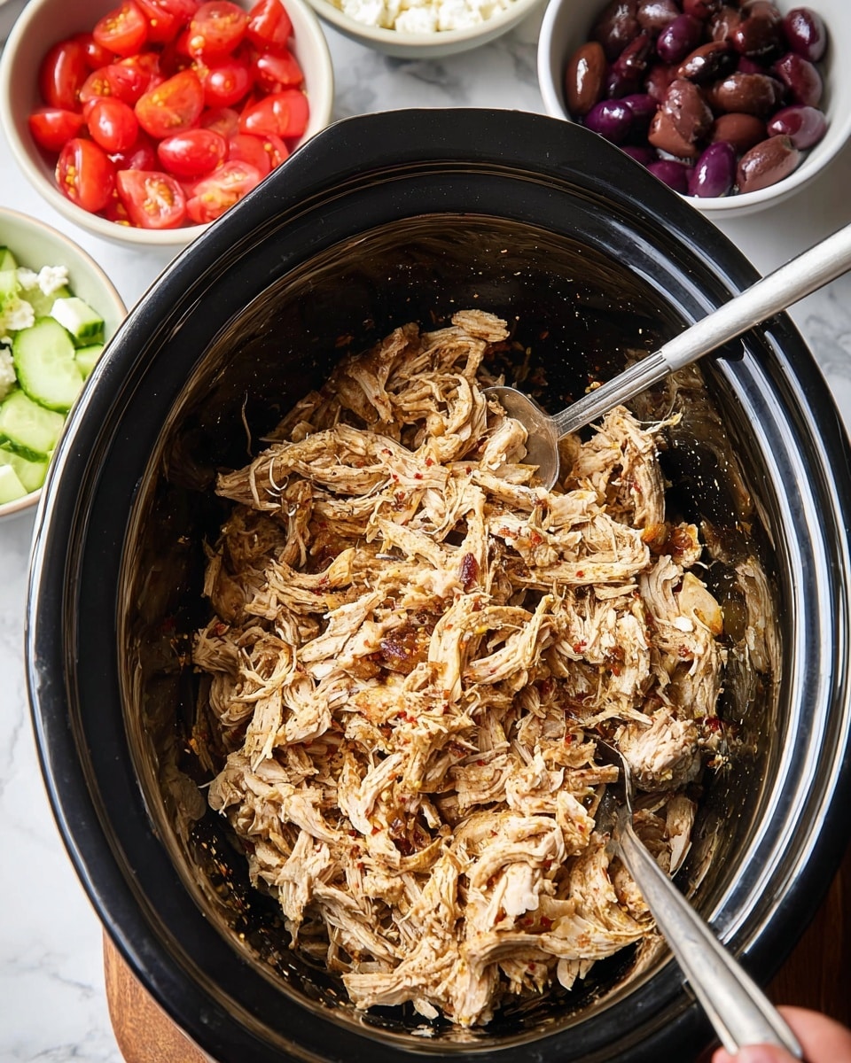 A close-up of a black slow cooker filled with shredded cooked chicken seasoned with spices, showing a mix of light brown and white textures. Two silver forks rest inside, one held by a woman's hand. Around the slow cooker are white bowls containing halved cherry tomatoes in bright red, diced light green cucumbers, dark purple olives, and crumbled white cheese. The scene is set on a white marbled surface with a wooden edge visibly underneath. photo taken with an iphone --ar 4:5 --v 7