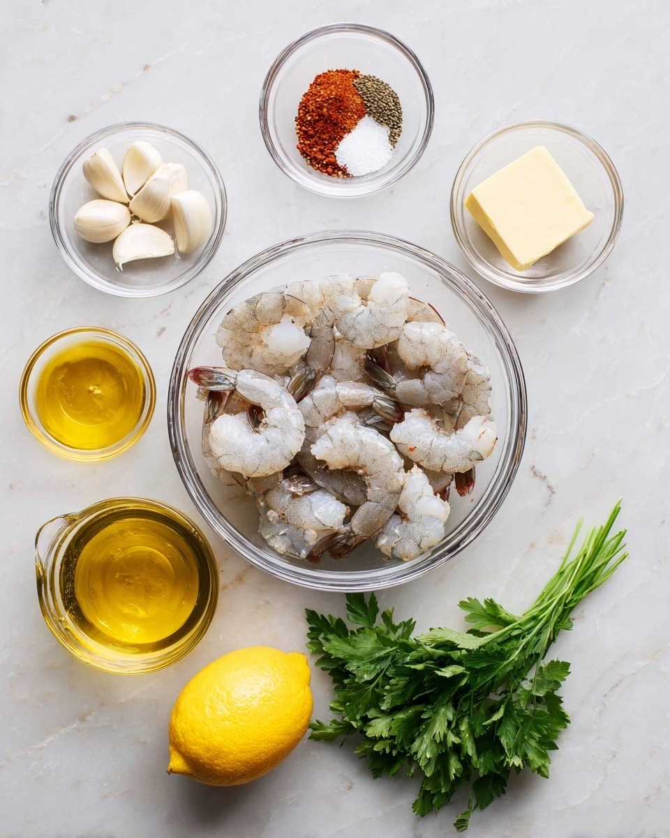 A clear glass bowl in the center holds raw, peeled shrimp with a grayish-white color and slightly curled shape. Around the bowl are smaller clear glass bowls and items on a white marbled surface: a bowl with three whole garlic cloves to the upper left, a bowl with a mix of red and black spices and white salt to the upper center, a small square of yellow butter in a bowl to the right, a bunch of fresh green parsley below the butter, a whole bright yellow lemon next to the parsley on the right, and a small glass bottle of golden olive oil on the far left. photo taken with an iphone --ar 4:5 --v 7