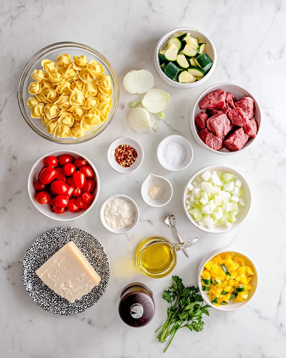 The image shows several ingredients arranged on a white marbled surface, each in white bowls or clear containers. In the top left is a clear bowl filled with yellow tortellini pasta. To the top right are two white bowls, one with green zucchini pieces and another with red raw beef chunks. Below, there is a small white bowl of white onion slices and another white bowl filled with chopped yellow bell peppers. In the middle, small white dishes hold salt with a small spoon and a mix of crushed red pepper flakes. On the lower left, a white bowl contains cherry tomatoes, and next to it is a white ramekin with a creamy sauce. A small glass jug with yellow liquid is at the bottom, beside a small black and white patterned bowl of fresh green parsley. A plate in the center has grated white cheese piled with a chunk of hard cheese resting on it, while a dark brown pepper grinder and a glass bottle of olive oil complete the setup. photo taken with an iphone --ar 4:5 --v 7