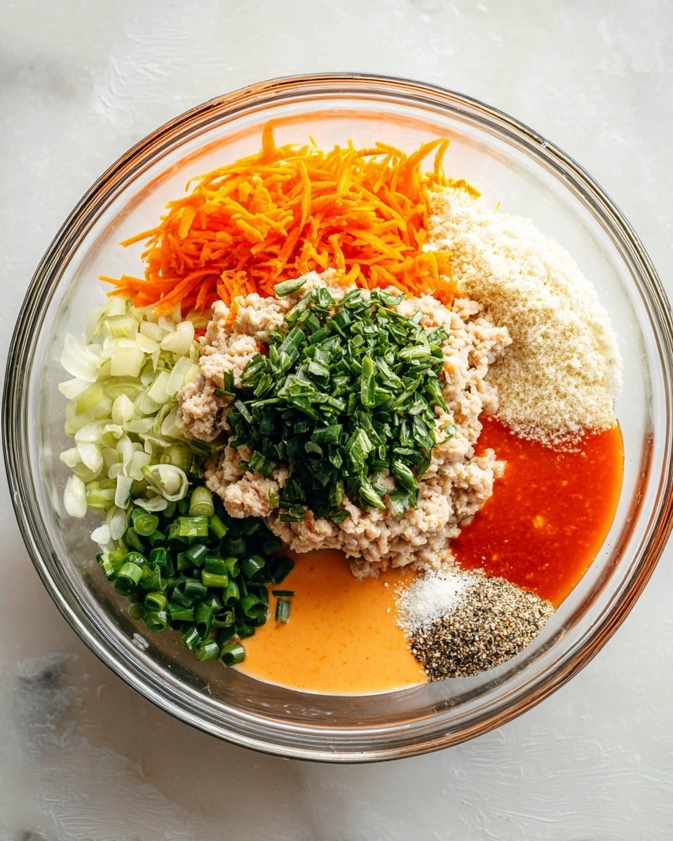 A clear glass bowl holds several layers of ingredients placed side by side: light beige minced meat in the center, topped with bright green chopped herbs to the top, vibrant orange shredded carrot to the left, finely chopped pale yellow garlic and light green sliced scallions below it, creamy orange sauce at the bottom right, bright red-orange sauce above it, and a small pile of white breadcrumbs next to the red-orange sauce. Between the breadcrumbs and the sauce at the bottom is a small sprinkle of coarse black pepper and white salt. The bowl sits on a white marbled surface. Photo taken with an iphone --ar 4:5 --v 7