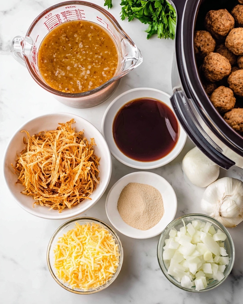 The image shows several small white bowls and glass measuring cups placed on a white marbled surface. There is a glass measuring cup with a light brown sauce with bits in it at the top left, next to a white bowl filled with crispy golden fried onions. A small white bowl with a beige powder and another small white bowl with dark brown liquid are placed nearby. There is also a white bowl holding shredded yellow cheese and a white bowl with white onion slices. In the top right corner, there is part of a slow cooker filled with round, brown meatballs. Some green herbs are seen behind the glass measuring cup with the sauce. photo taken with an iphone --ar 4:5 --v 7
