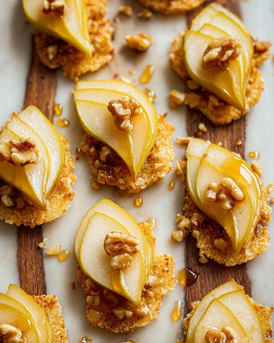 The image shows several pieces of toasted bread arranged on a wooden board. Each toast has a base layer of melted cheese that appears crispy and golden around the edges. On top of the cheese, there are thin slices of green pear layered slightly overlapping. Scattered over the pears are small clusters of light brown walnuts. A wooden honey dipper is positioned above the toasts, drizzling golden honey down onto the toast in the center of the image. The background has a soft, blurred green tone and the wood board has light brown textures with some crumbs and honey drops around. photo taken with an iphone --ar 4:5 --v 7