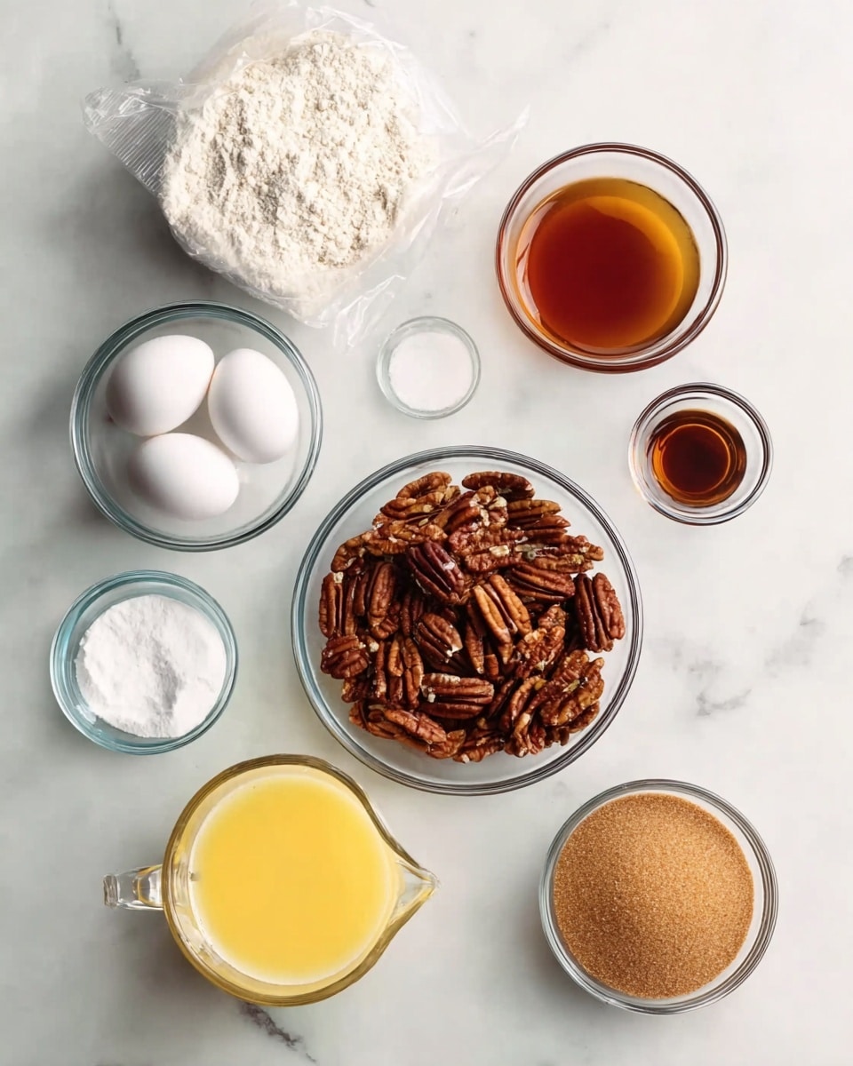 The image shows seven glass bowls arranged on a white marbled surface, each holding a different ingredient. At the top left, there's a plastic bag filled with white flour. Next to it on the right is a clear glass bowl filled with dark amber liquid, likely syrup. Below the bag is a round glass bowl filled with whole brown pecans, positioned in the center. Underneath the pecans on the left is a glass bowl holding three white eggs. On the right side of the eggs is a small glass bowl with a white powder, possibly salt. Below these is a glass jug filled with yellow melted butter on the left, and on the right, a glass bowl containing light brown sugar with a soft texture. In the center right near the pecans is a small glass bowl with a dark liquid, probably vanilla extract. The items are spread out neatly in a loose circle and a woman's hand is not present in this image photo taken with an iphone --ar 4:5 --v 7