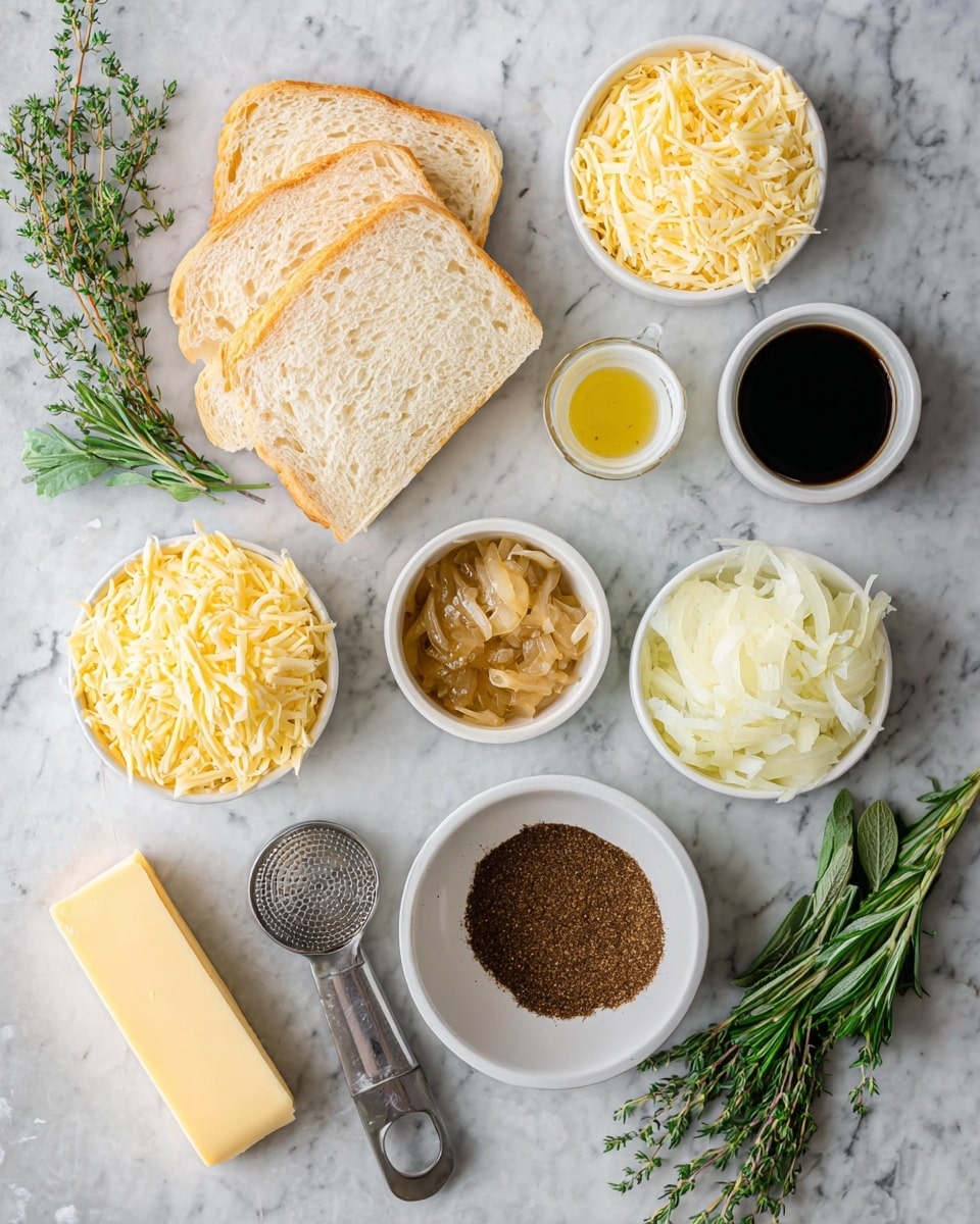 The image shows a white marbled surface with various ingredients neatly arranged for cooking. There are four slices of light brown bread placed in the center, surrounded by small white bowls containing two kinds of shredded yellow cheeses, white onion rings, grated cheese powder, olive oil, and a small amount of balsamic vinegar. A small white bowl with cooked brown caramelized onions is also present. Fresh green rosemary and thyme sprigs lay beside a stick of pale yellow butter, unwrapped partway. A metal measuring scoop filled with dark brown sugar completes the spread, all set against the white marbled background. Photo taken with an iphone --ar 4:5 --v 7