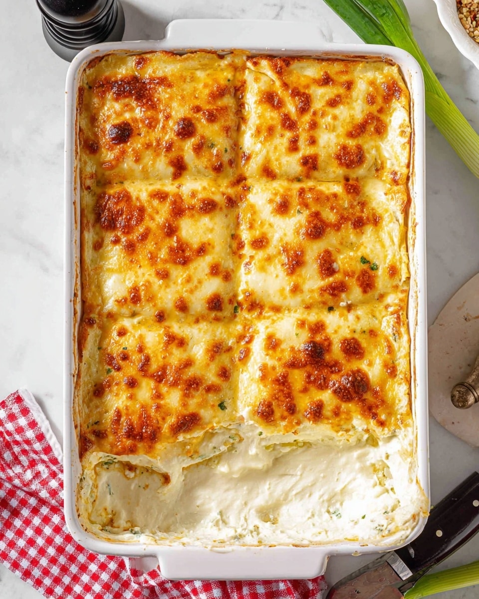 A white rectangular baking dish holds a creamy baked dish cut into six even squares. The top layer is a melted cheese crust, golden with brown spots, smooth and slightly bubbling. Beneath the cheese, there is a thick white sauce layer that peeks through the cuts, giving a rich and soft texture look. The edges of the dish show some creamy overflow that has browned slightly on the sides. The baking dish is on a white marbled surface, with a red and white checkered cloth partially visible under one corner, and a small black pepper grinder and a green onion on the side. Photo taken with an iphone --ar 4:5 --v 7