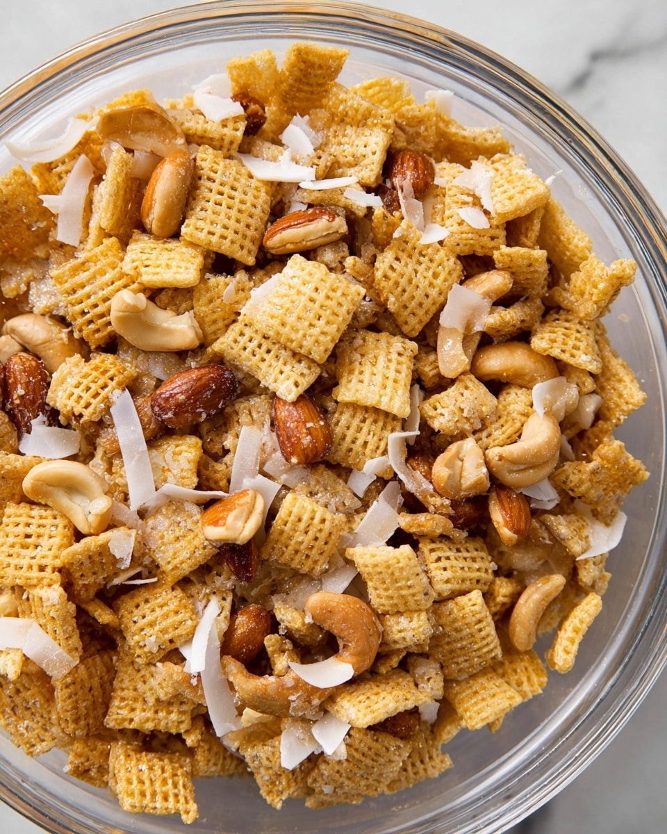 The image shows a close-up of a mixed snack in a clear bowl with a white marbled surface underneath. The mix has many small square or rectangular cereal pieces in golden yellow and light brown shades, looking crunchy with a textured grid pattern. Scattered among the cereal are different types of nuts, including whole cashews and almond pieces, adding a light brown color with smooth and curved shapes. There are also small bits of shredded white coconut spread throughout, giving a stringy texture that contrasts with the brittle cereal and nuts. The mix looks coated lightly with a shiny, sticky syrup that glistens in the light, binding the ingredients together photo taken with an iphone --ar 4:5 --v 7