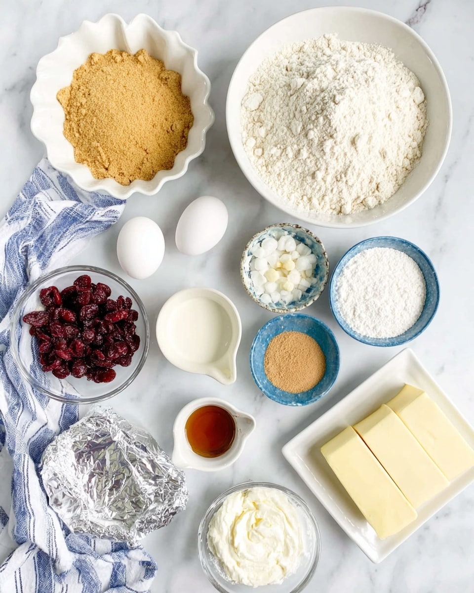 The image shows an assortment of ingredients placed neatly on a white marbled surface. At the top right, there is a large white bowl filled with fine white flour. To the left of it, a scalloped white bowl contains light brown sugar. Below them, two white eggs sit side by side. Near the center, there is a small white measuring cup with cream, and next to it, a small white bowl filled with amber vanilla extract. A small white bowl with light brown powder is nearby. Two small blue glass bowls hold white powdered sugar and white salt, and beside them is a foil-wrapped package of butter resting on the marble. At the bottom of the image, a small white bowl is filled with more powdered sugar. To the left bottom corner, a round glass cup holds dried red cranberries, and above it, another glass cup contains white chocolate chips. A white plate with two sticks of butter is at the lower right side. A white cloth with blue stripes is folded and placed on the left side of the setup. photo taken with an iphone --ar 4:5 --v 7