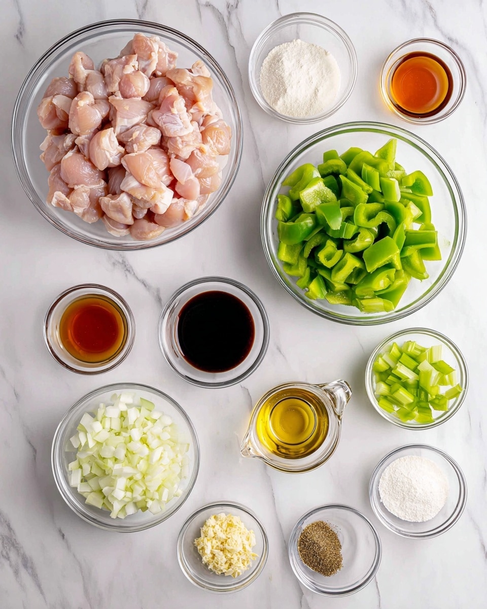 The image shows several clear glass bowls arranged neatly on a white marbled surface, each holding different ingredients. In the top left, there is a large bowl with raw light pink chicken pieces. Below it, a bowl filled with bright green bell pepper pieces is placed. At the bottom center, a smaller bowl holds chopped white onions, while to its right, another bowl contains sliced green celery. Around these main bowls, smaller ones hold various sauces and spices: a dark brown soy sauce, a light golden oil, a light brown liquid in a measuring cup, minced garlic, white granulated salt, ground black pepper, light yellow crushed ginger, and a small bowl of white powder, likely cornstarch. The composition is clean and organized, with each ingredient clearly visible and vibrant against the white marbled background photo taken with an iphone --ar 4:5 --v 7