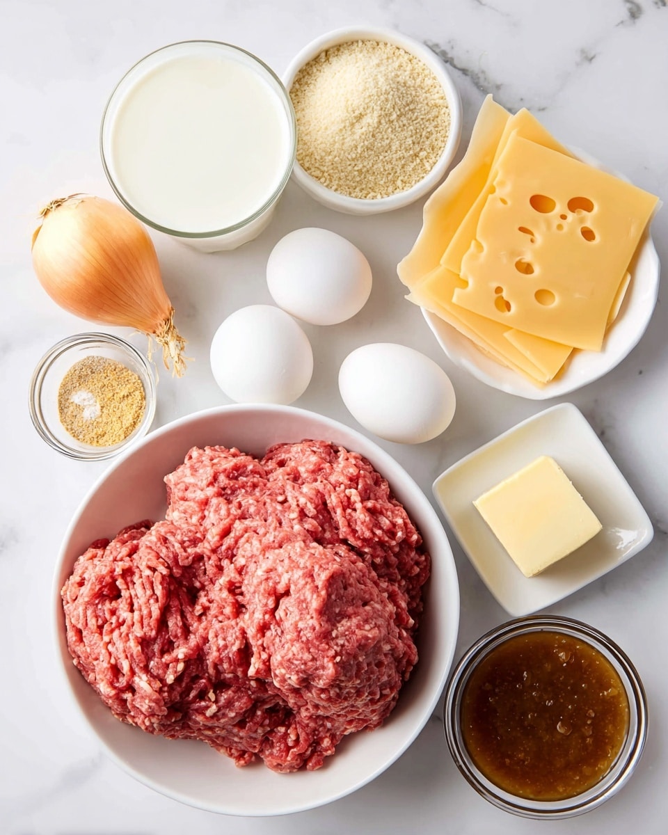 A white bowl in the center holds a large amount of raw pink ground meat with a rough texture. To the top right of the bowl are several thin slices of pale yellow cheese with holes, layered neatly. Below the cheese is a small white bowl filled with white milk. On the left side of the meat bowl, a whole light yellow onion with its root end intact rests on the white marbled surface. Near the onion, two white eggs lie side by side. Between the eggs and the meat bowl, there is a small white square bowl with a beige breadcrumb mixture. Next to it, a small clear glass bowl contains a light brown and white dry seasoning blend. Close by, a tiny white plate holds a small square of pale yellow butter. To the right of the butter, a small white bowl is filled with dark brown liquid. In the bottom foreground, there is a small glass bowl filled with chunky brown onion gravy. The whole setup is placed on a white marbled surface. Photo taken with an iphone --ar 4:5 --v 7