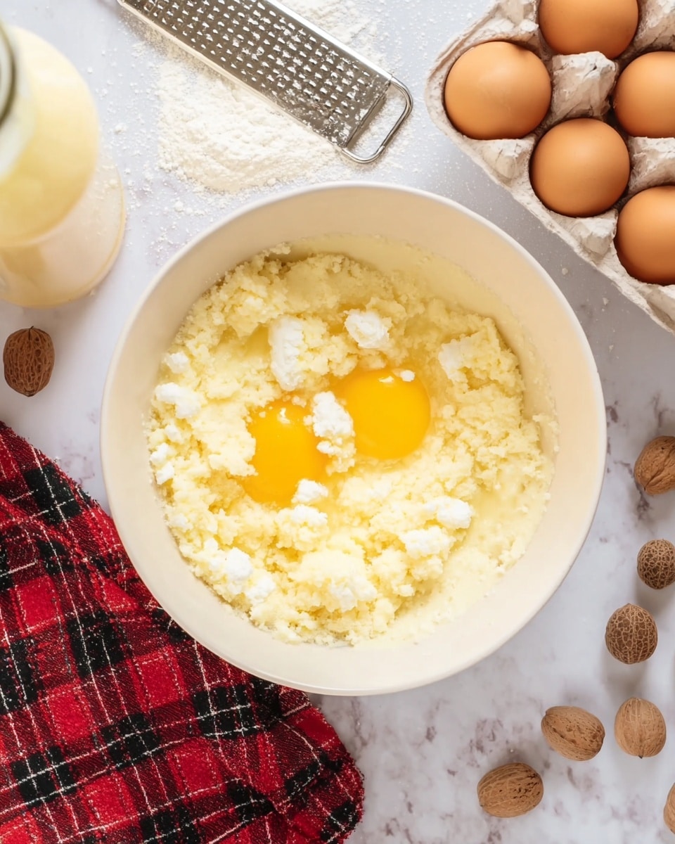 A white bowl is filled with a soft, lumpy mixture that is pale yellow and creamy. Two bright yellow egg yolks sit on top in the middle of the bowl, partially surrounded by the mixture. The bowl is placed on a white marbled surface with a red and black checkered cloth on the lower left side. To the top right, there is a white container holding several brown eggs, and on the left side, there is a tall glass bottle with a pale yellow liquid inside next to three whole nutmegs. A metal grater lies near the top center of the image. Photo taken with an iphone --ar 4:5 --v 7