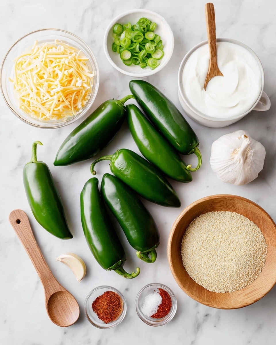 The image shows fresh, shiny green jalapeño peppers arranged on a white marbled surface, varying in size and shape. On the right, there is a white cup filled with smooth, white sour cream, and a small wooden spoon containing salt. Below the peppers, a clear glass bowl holds light tan breadcrumbs. Next to it, a larger wooden bowl contains shredded yellow cheese. On the left side, a small white bowl has chopped green onions, and nearby, two tiny wooden spoons hold red chili powder and salt, respectively. A clove of garlic is placed near the larger wooden bowl, completing the neat, fresh ingredient layout. Photo taken with an iphone --ar 4:5 --v 7