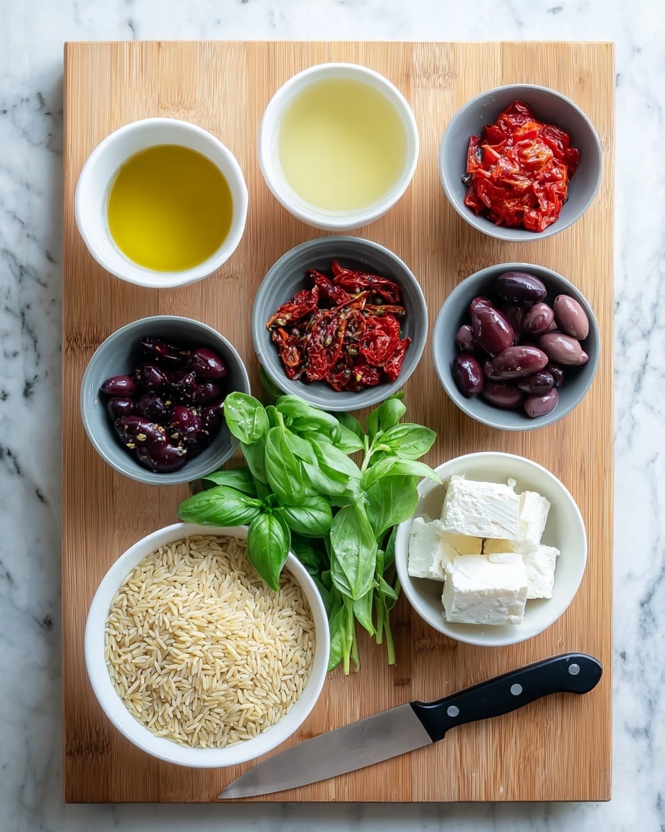 A wooden board holds several small bowls and ingredients arranged neatly. There is a white bowl with golden olive oil at the top left, and next to it is another white bowl with light yellow lemon juice. Below them are small gray bowls containing chopped red onion, roasted red peppers, sun-dried tomatoes, dark purple olives, and a block of white feta cheese. In the center is a bunch of fresh green basil leaves and a white bowl filled with uncooked light beige orzo pasta. A kitchen knife with a black handle rests on the board next to the basil. The entire setup is placed on a white marbled surface. photo taken with an iphone --ar 4:5 --v 7