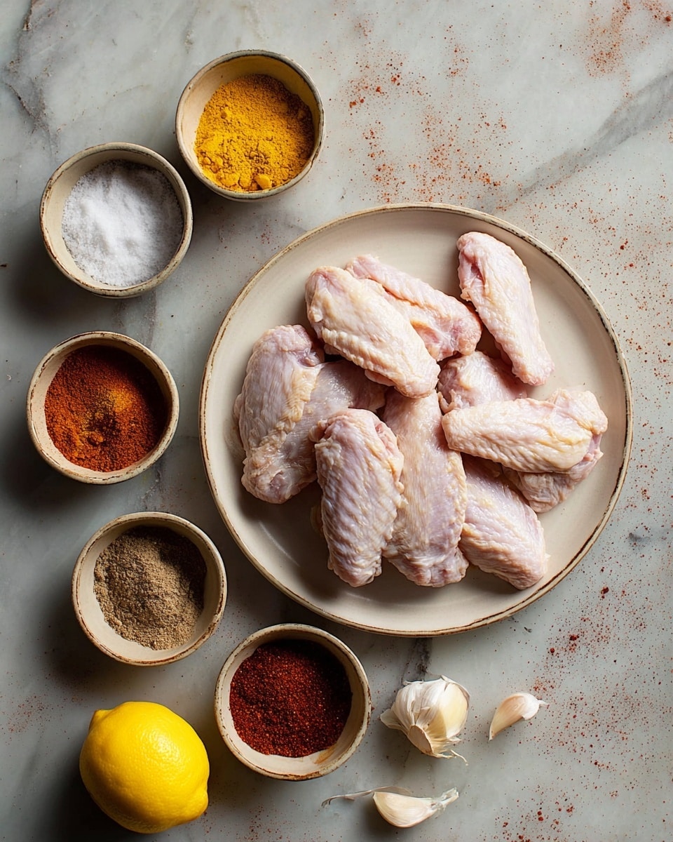 A white plate in the center holds about a dozen raw chicken wings, pale pink with visible skin texture and folds. Around the plate are six small beige bowls filled with different spices: one with white salt, one with bright yellow turmeric, one with dark red chili powder, one with brown cumin powder, one with dark brown cinnamon powder, and one with a speckled mix of black pepper and salt. Below these bowls are two garlic cloves side by side, and a halved lemon with bright yellow flesh facing upward. The entire setup is placed on a white marbled texture background. Photo taken with an iphone --ar 4:5 --v 7