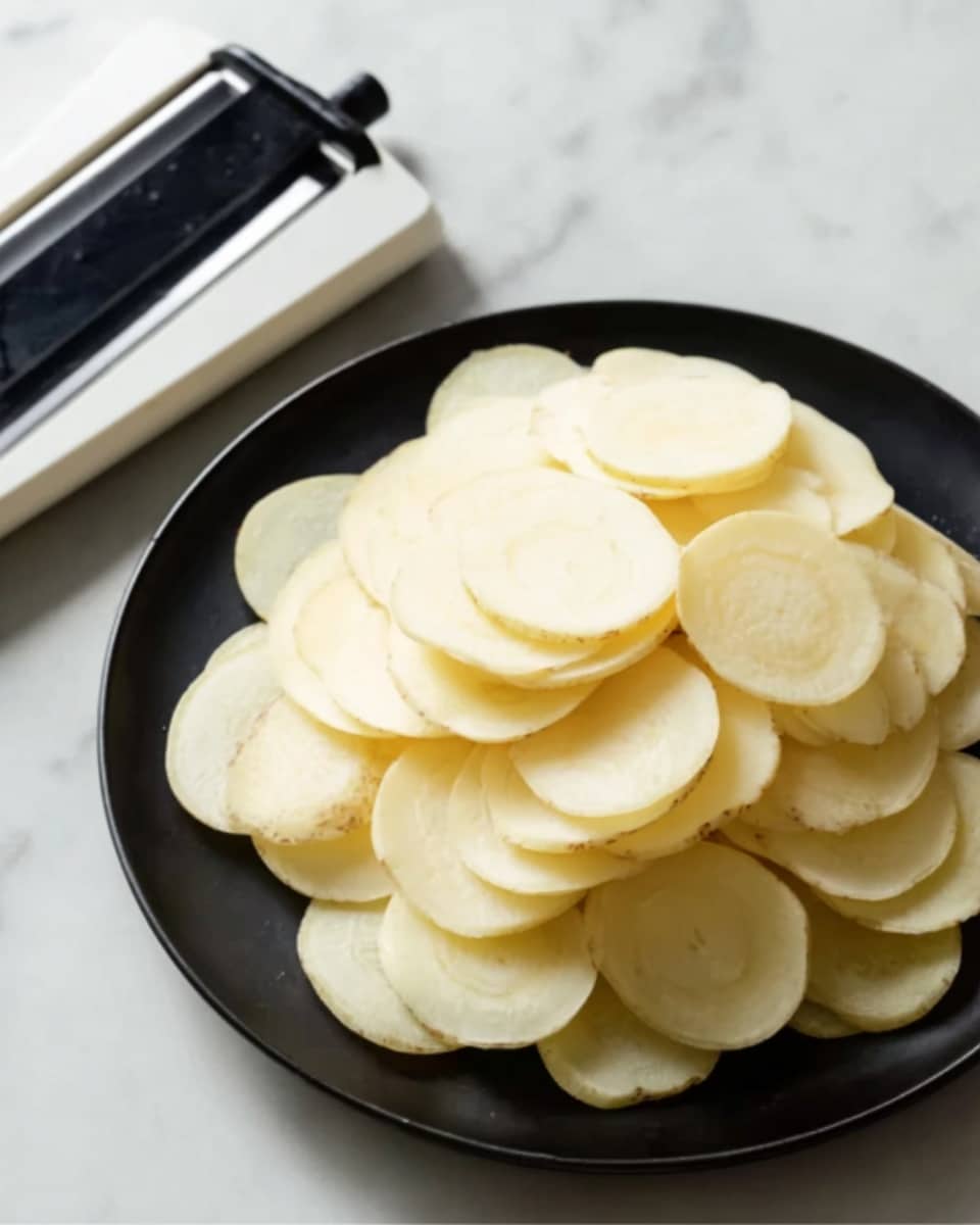 A black plate filled with many thin, pale yellow potato slices stacked loosely on top of each other, showing smooth textures and round to oval shapes. Next to the plate is a white slicer tool with a black handle, sitting on a white marbled surface. The light is soft and natural, highlighting the smooth, even slices of potatoes as the main focus photo taken with an iphone --ar 4:5 --v 7