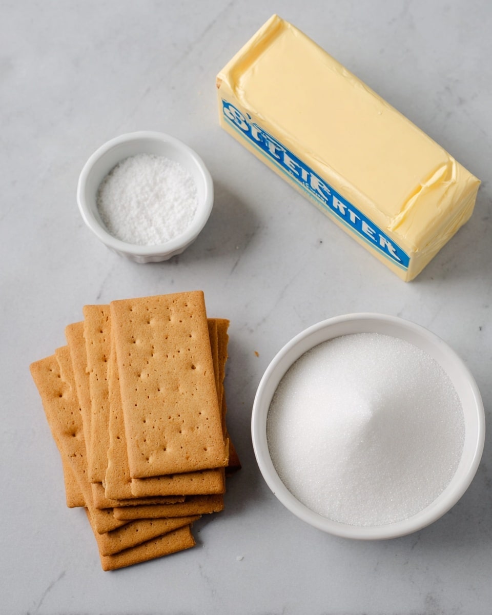 The image shows a simple arrangement of ingredients on a white marbled surface. There are six rectangular, light brown graham crackers stacked slightly unevenly in the center-left. To the right of the crackers is a white bowl filled with white granulated sugar. Next to the bowl is a small white ramekin containing some salt. Above these, there is an unopened rectangular stick of light yellow unsalted butter wrapped in cream paper with blue lettering. photo taken with an iphone --ar 4:5 --v 7
