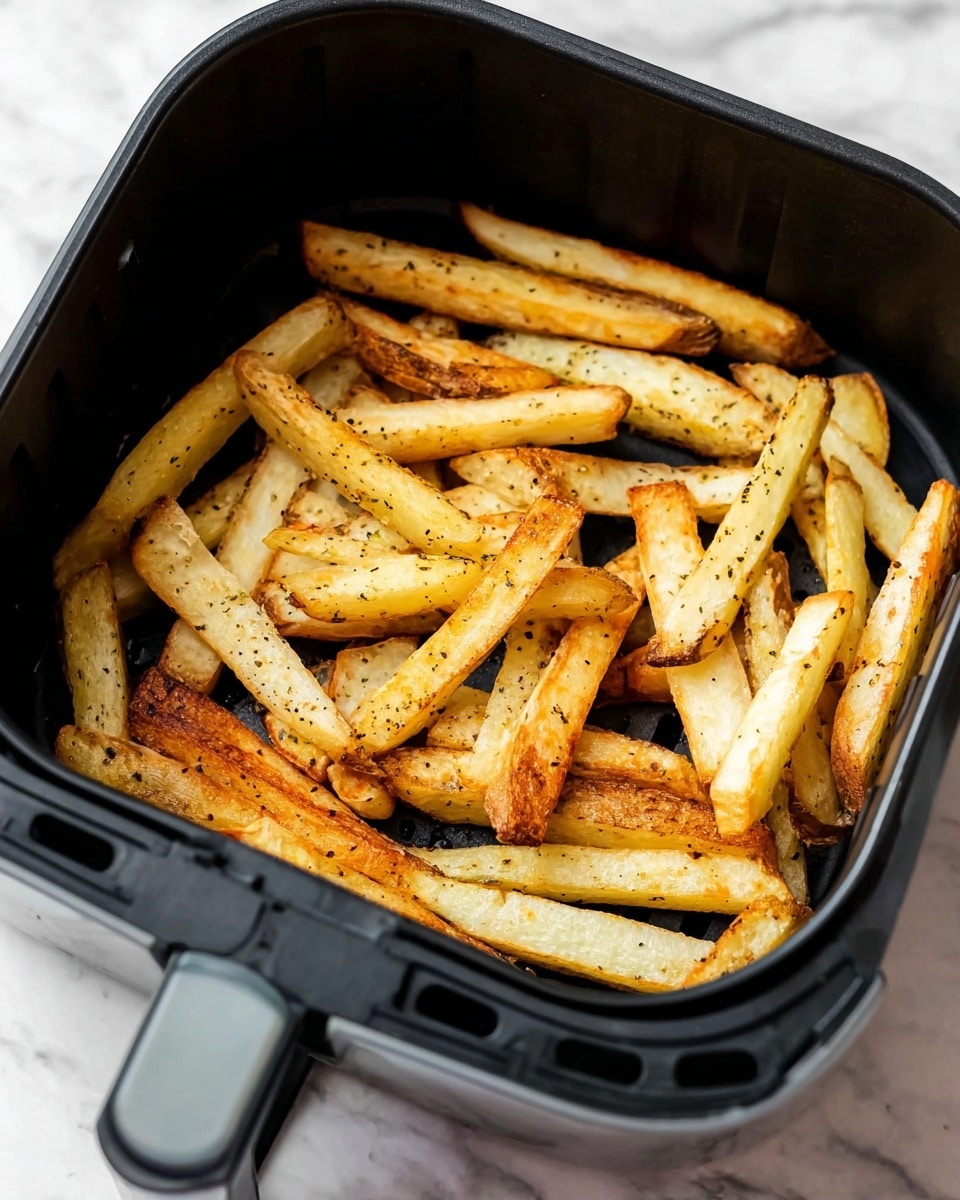 Inside a black air fryer basket with a gray handle resting on a white marbled surface, there are about 15 golden-brown fries. Each fry has a crispy texture with some darker brown edges and light specks of black pepper seasoning. The fries are placed in a loose pile with some showing the rough skin side and others smooth inner sides, creating a mix of light yellow and brown colors. The lighting highlights the crunchy and textured look of the fries inside the basket photo taken with an iphone --ar 4:5 --v 7