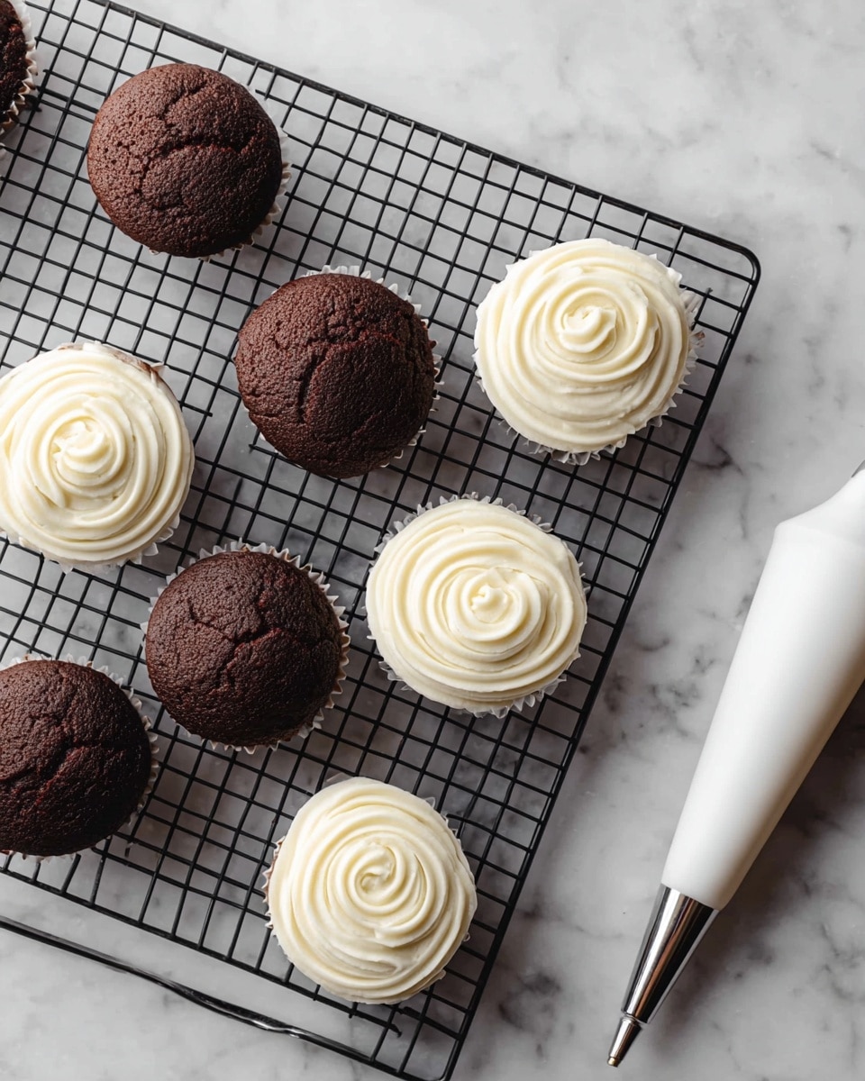 Nine chocolate cupcakes are on a black wire cooling rack placed over a white marbled surface. Five of the cupcakes have a smooth, rich dark brown top with no frosting, showing a slightly cracked texture. The other four cupcakes have a thick swirl of creamy white frosting on top, with a soft, smooth texture, spiraled neatly to cover the top fully. To the right side of the image, a white piping bag with a silver metal tip lies on the white marbled surface. photo taken with an iphone --ar 4:5 --v 7