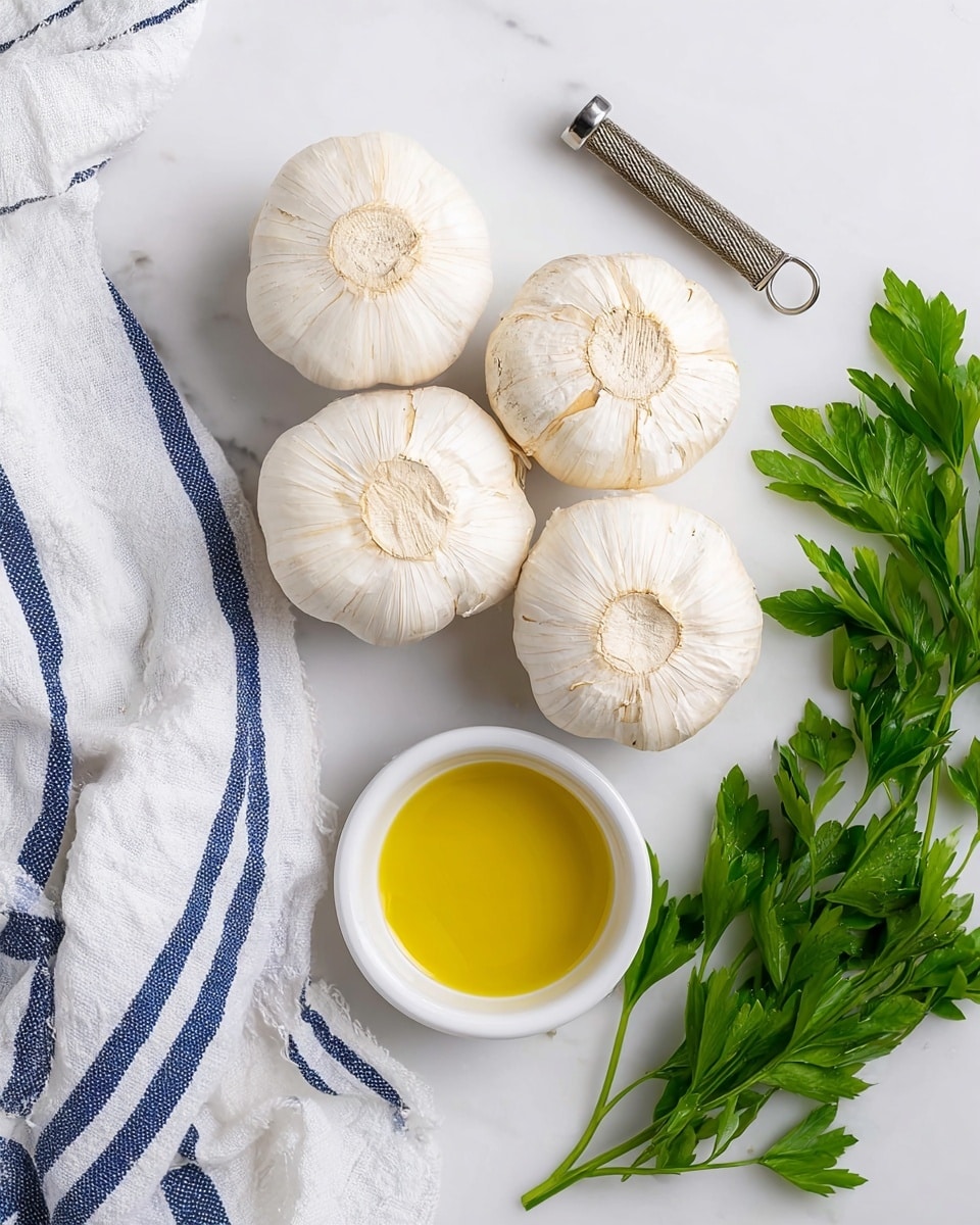 The image shows four whole garlic bulbs with their white, papery skins placed on a white marbled surface. Below the garlic bulbs is a small white bowl filled with golden yellow olive oil. To the bottom right of the bowl and garlic, there are fresh sprigs of green parsley with vibrant leaves. On the top right, a metal garlic press rests beside the garlic bulbs. A white cloth with blue stripes lies on the left edge of the image. The overall scene is bright and clean. Photo taken with an iphone --ar 4:5 --v 7