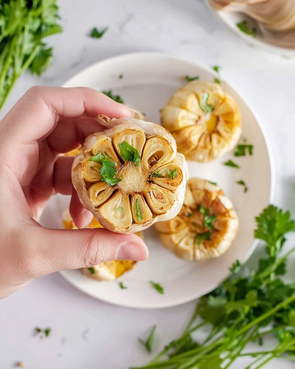A close-up shows a woman's hand holding a golden roasted half garlic bulb with soft, slightly caramelized cloves visible, garnished with small green parsley leaves. In the background, there is a white plate holding three more roasted garlic halves with similar textures and colors, all lightly sprinkled with fresh parsley. Bright green parsley sprigs lie on a white marbled surface beside the plate, enhancing the fresh and warm look of the scene. Photo taken with an iphone --ar 4:5 --v 7