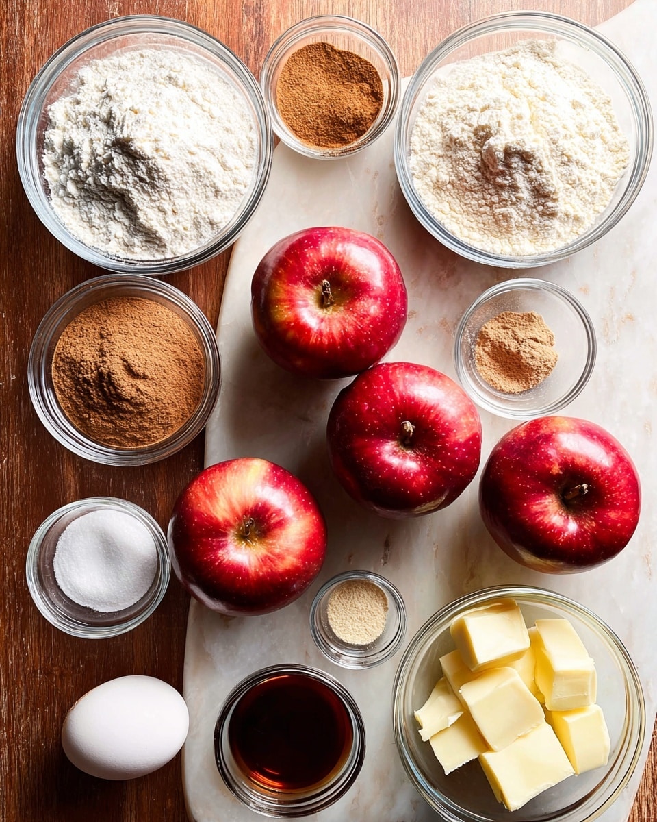 Three shiny red apples with stems sit in the center on a white marbled surface, surrounded by clear glass bowls containing white flour, light brown sugar, white powdered sugar, and light golden butter. A single white egg rests near the bottom left, next to small clear bowls holding white salt, light brown cinnamon powder, and white baking soda. A small glass holds light cream, and another holds dark brown vanilla extract. The overall setup shows all ingredients neatly arranged for baking. Photo taken with an iphone --ar 4:5 --v 7