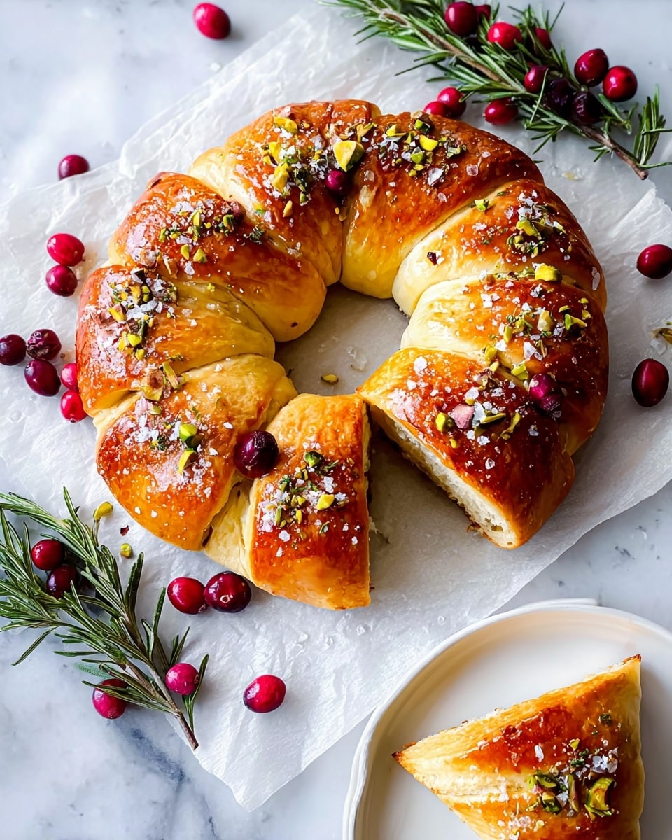 A golden brown crescent-shaped bread ring sits on white parchment paper over a white marbled surface, topped with coarse salt, chopped pistachios, and small green herb leaves. The bread is glossy, with soft, slightly folded layers forming its round shape. Bright red cranberries and sprigs of fresh rosemary decorate the outside of the ring and the center of the circle. A single triangular slice is placed on a white plate with a smooth texture near the bottom right of the image. The scene shows a bright and clean setting with fresh and festive elements around the bread ring photo taken with an iphone --ar 4:5 --v 7