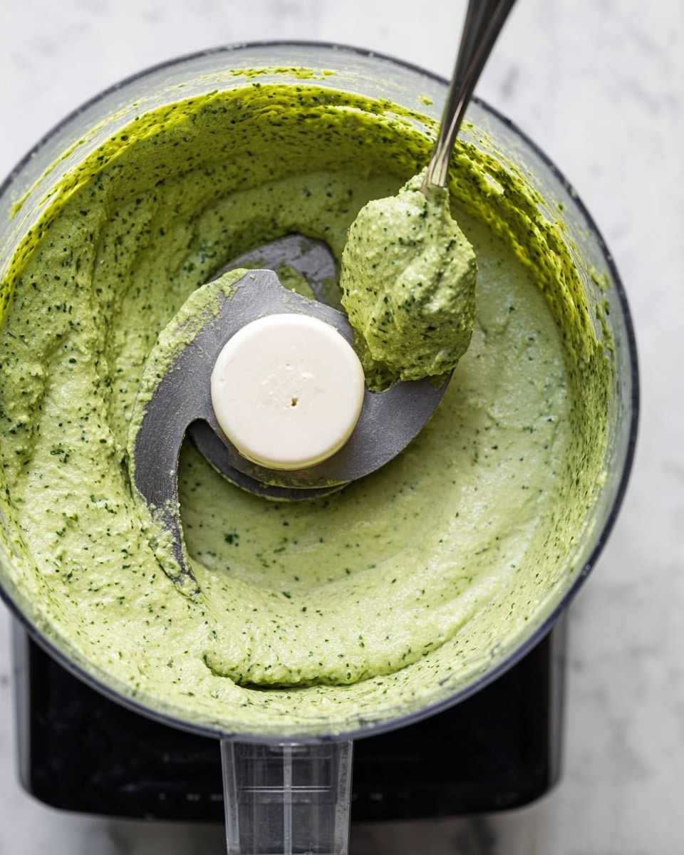 A close-up view inside a clear food processor bowl shows a thick, creamy green mixture with small darker green flecks throughout. The mixture has a smooth, slightly chunky texture, spreading against the sides and blade of the processor. A silver spoon scoops some of the green paste from the bowl, positioned near the center white blade piece. The food processor sits on a white marbled surface, with the sharp black base visible below the bowl. photo taken with an iphone --ar 4:5 --v 7