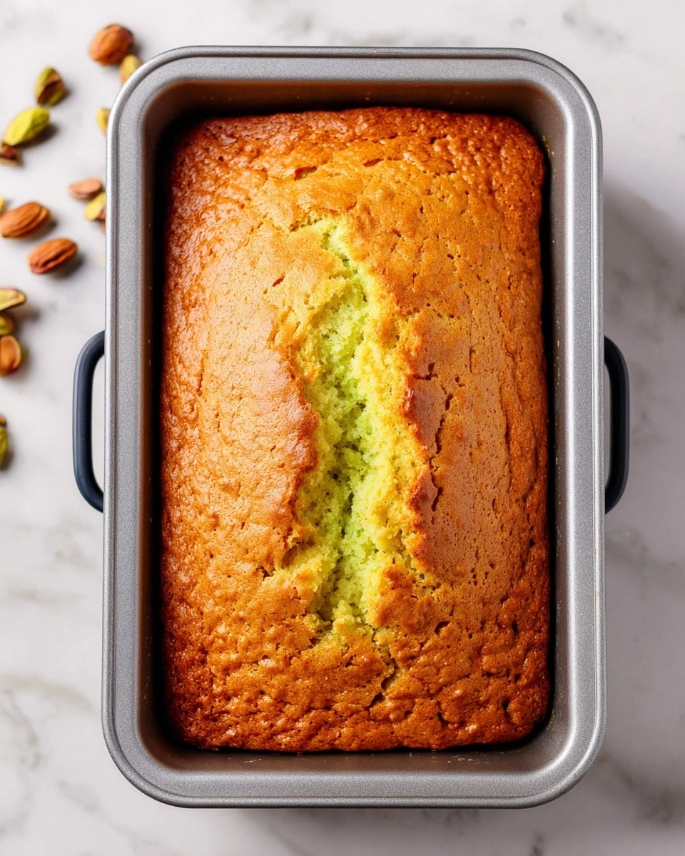 A loaf of bread with a golden-brown crust and a bright green center crack sits in a gray metal baking pan with black handles, the bread's surface textured with slight bumps and a split down the middle revealing the moist green inside. The pan rests on a white marbled surface, and there are a few scattered brown nuts near the top edge of the frame. The photo taken with an iphone --ar 4:5 --v 7