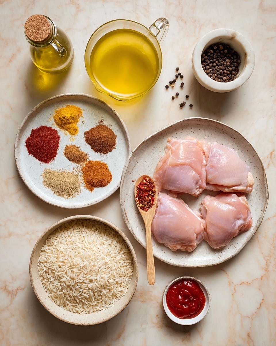 The image shows several ingredients laid out on a white marbled surface. In the bottom right, a white bowl holds six raw pink chicken thighs with a smooth texture. To the left of it is a smaller white bowl filled with uncooked long-grain white rice. Above the rice bowl, another white plate has five piles of spices in different colors: light brown, dark red, yellow, reddish-brown, and a small heap of red chili flakes on a wooden spoon resting on the plate. At the top center, there is a glass jug filled with light yellow liquid, and to its top left, a glass bottle with a cork contains golden olive oil. In the upper right corner, a small white bowl holds black peppercorns beside a white mortar and pestle. Near the center right, a tiny white cup holds bright red tomato paste. Photo taken with an iphone --ar 4:5 --v 7