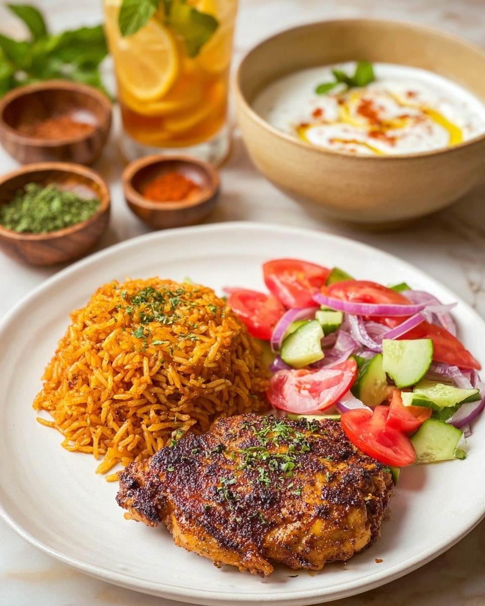 A white plate on a white marbled surface holds three main layers: on the left, a mound of orange-colored spiced rice with a slightly fluffy texture; in the center, a single seasoned grilled chicken piece with a dark brown, crispy crust sprinkled with small green herbs; on the right, a fresh salad made of bright red tomato slices, chunks of green cucumber with skin, and pieces of purple onion mixed with chopped green parsley. In the background, slightly blurred, there is a beige bowl filled with creamy white yogurt sauce drizzled with golden oil and sprinkled with a light reddish spice, garnished with a green mint leaf; nearby are small wooden bowls with green herbs and red chili powder. A glass of iced drink with lemon slices is also visible. photo taken with an iphone --ar 4:5 --v 7