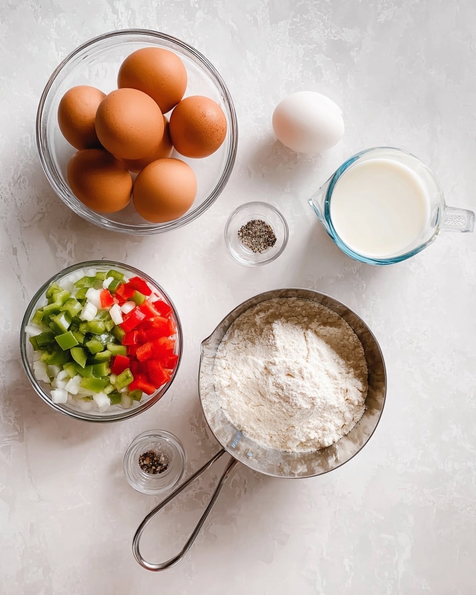 A flat lay image shows six brown eggs in a clear glass bowl near the top center on a white marbled surface. Below and to the left is a smaller clear glass bowl with diced red and green bell peppers and white onions arranged in three color sections. To the right of this bowl is a metal measuring cup filled with white flour. Above the flour and near the right side is a clear glass measuring cup containing a small amount of milk. Near the left middle side is a tiny clear bowl with salt and pepper. The scene is bright and clean with natural light. Photo taken with an iphone --ar 4:5 --v 7