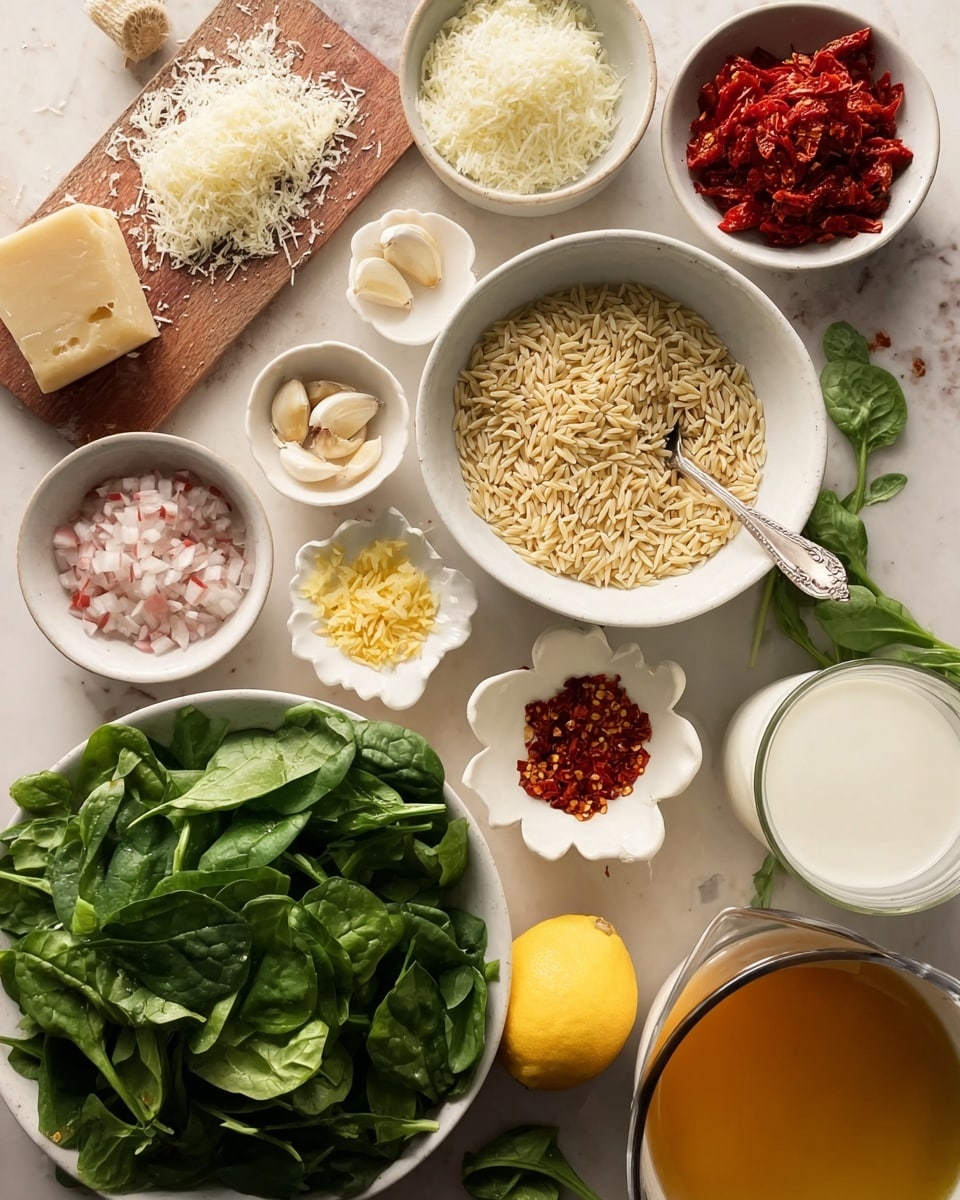 This image shows many cooking ingredients arranged neatly on a white marbled surface. There is a white bowl filled with bright green spinach leaves placed at the center right. Below it, a white bowl with raw light brown orzo pasta with a spoon inside. To the top left of the spinach, a wooden board holds shredded white cheese and a block of pale yellow cheese, with some peeled garlic cloves near it. Surrounding these are small white dishes, one with finely chopped pale pink shallots, another with yellow grated lemon zest, and a larger white bowl with chunky red sun-dried tomatoes. A small white flower-shaped dish with red chili flakes is near the center. Below the orzo bowl, there is a halved bright yellow lemon resting on the surface. A glass filled with creamy white liquid sits near the lemon, and a large white bowl with orange broth or stock is at the lower right. The scene is softly lit with a clean, fresh look, photo taken with an iphone --ar 4:5 --v 7
