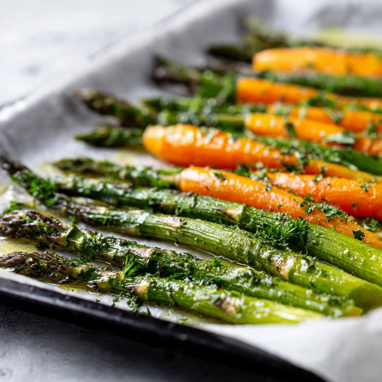 The image shows a single layer of green asparagus stalks and orange carrot sticks spread out on white parchment paper. The vegetables are placed on a black baking tray with a white marbled surface underneath. The asparagus stalks are long, slender, and bright green with textured tips, while the carrot sticks are cut into thin, long pieces, showing their smooth orange surfaces. Some herbs and light drizzles of oil are scattered on top of the vegetables, giving a slightly shiny and fresh look. Photo taken with an iphone --ar 4:5 --v 7