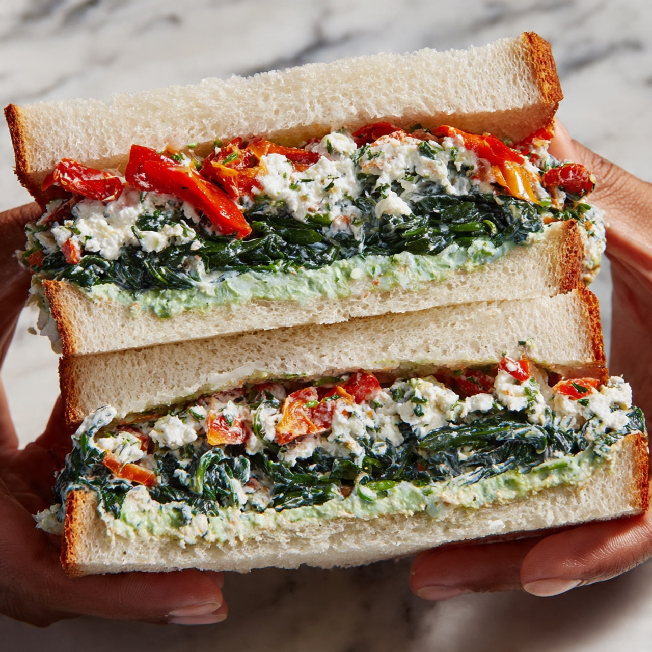 The image shows a sandwich held by two woman's hands, cut in half to reveal its layers. The sandwich has thick, soft white bread on the top and bottom. Inside, there is a bottom layer of green spread with a creamy texture, followed by fresh dark green leafy spinach. Above the spinach, there is a mix of white creamy sauce with bits of chopped herbs and vegetables, and strips of red roasted pepper. The same green spread is seen again near the top bread, creating a colorful and fresh look. The sandwich is photographed against a white marbled background. Photo taken with an iphone --ar 4:5 --v 7