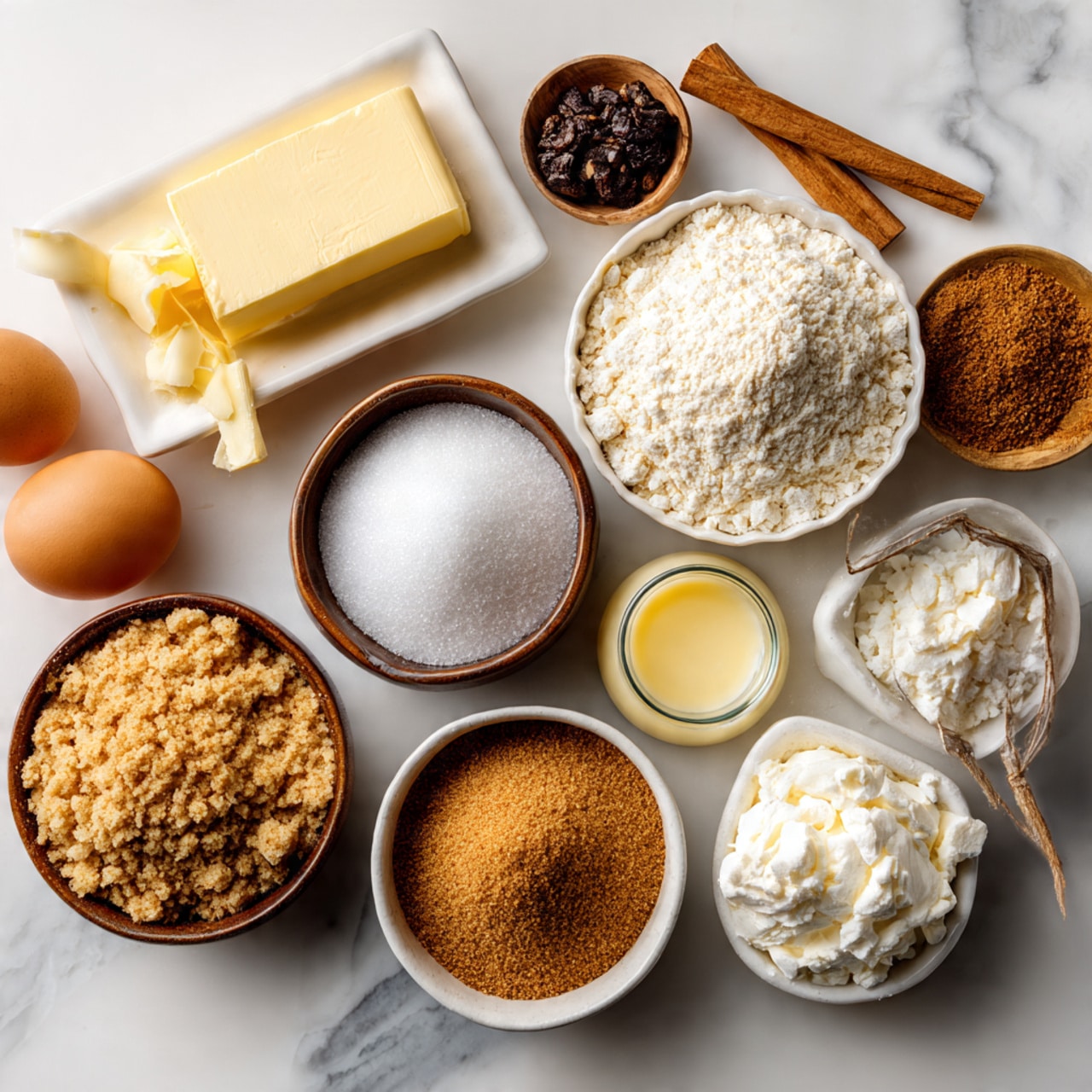 The image shows a white marbled surface with nine baking ingredients neatly arranged in a grid. At the top left is a rectangular light yellow block of butter. To the right is a small white bowl filled with fine white sugar. Below the butter are two brown eggs placed side by side. In the center is a medium white bowl full of white flour with a grainy texture. To the right of the flour is a small white bowl containing cream of tartar, a fine white powder. Below the cream of tartar is a small wooden bowl with white baking soda. At the bottom center is a tiny white bowl with some salt. To the left of the salt is a small wooden bowl filled with brown cinnamon sugar. Near the middle bottom is a small, empty wooden cup for vanilla. All items are clearly labeled with beige text boxes. Photo taken with an iphone --ar 4:5 --v 7
