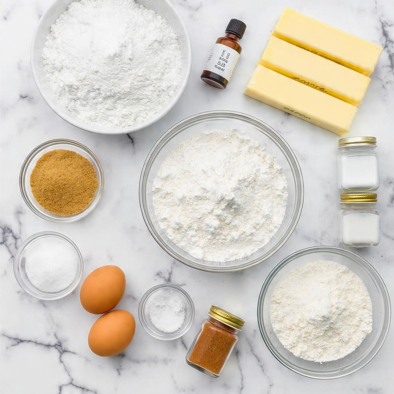 Multiple ingredients for baking are arranged neatly on a white marbled surface. There are two eggs near the center, with two small glass bowls holding light brown sugar and white coarse sugar nearby. A larger glass bowl contains white flour, and another large bowl holds powdered sugar. Three sticks of salted butter with light yellow wrappers are placed at the top right, along with a small bottle of vanilla extract. There are two small glass jars labeled
