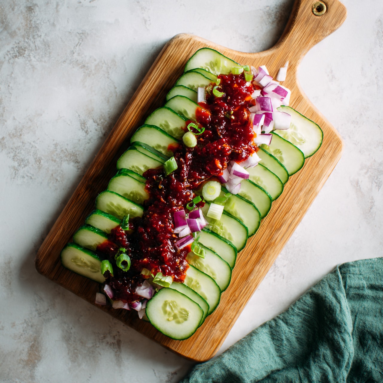 The image shows a wooden cutting board on a white marbled surface with thin slices of cucumber neatly arranged in two rows taking up about half of the board from one side. The left row of cucumber slices is topped with scattered pieces of chopped red onion and cucumber with some red sauce drizzled over it, creating a colorful mix of green, purple, and orange-red. The cucumber slices on the right are plain and stacked closely together. The rest of the cutting board is empty, and a green cloth is partially visible at the bottom right corner. Photo taken with an iphone --ar 4:5 --v 7
