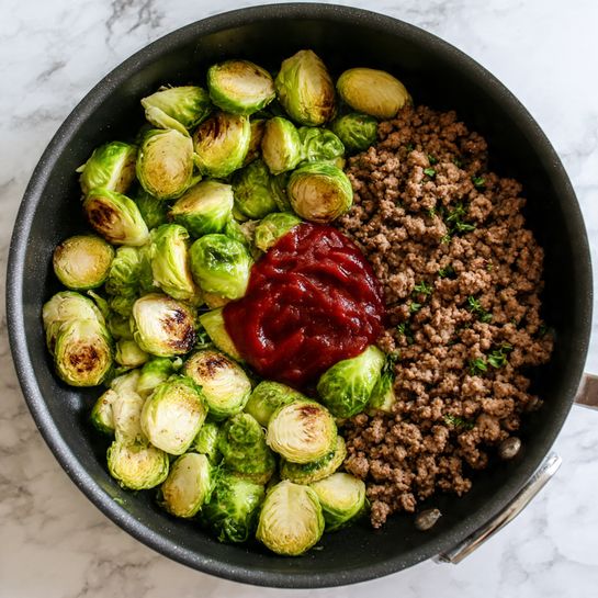 In a round black pan, cooked Brussels sprouts fill the left half, showing bright green and light yellow colors with some charred dark spots. On the right half, ground meat is browned and mixed with small bits of green herbs, creating a crumbly texture. In the center, a pool of dark red sauce sits between the vegetables and meat, adding a glossy shine. The pan rests on a white marbled surface. photo taken with an iphone --ar 4:5 --v 7