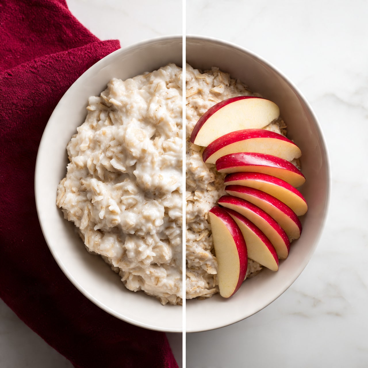 Two images show a round white bowl on a white marbled surface with a red cloth nearby. In the first image, the bowl is filled with a creamy, white, lumpy texture, taking up the whole bowl. In the second image, thin slices of red apple with pale yellow insides are arranged in a fan shape on one side of the white creamy layer, covering about half of the bowl. The apple slices have a smooth texture and neat edges. photo taken with an iphone --ar 4:5 --v 7
